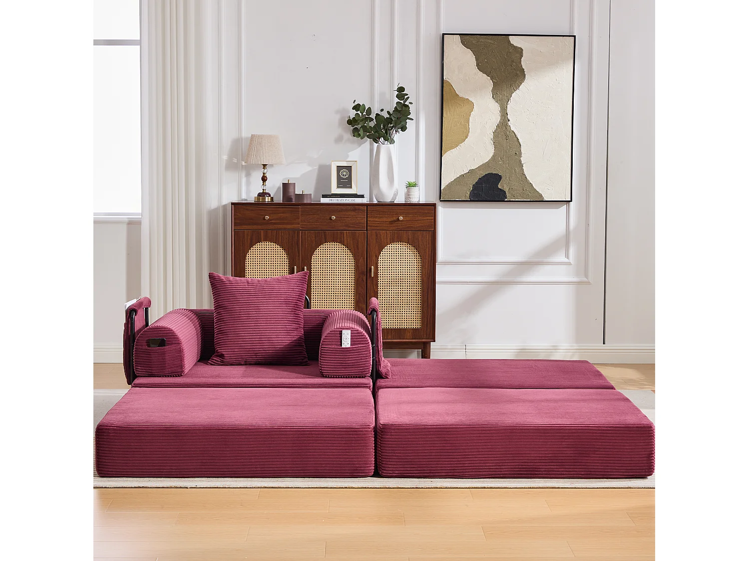 Verwandlungssessel aus Cord – 190 x 112 x 67 cm – mit Kissen und Tasche – stufenlos modular – rot