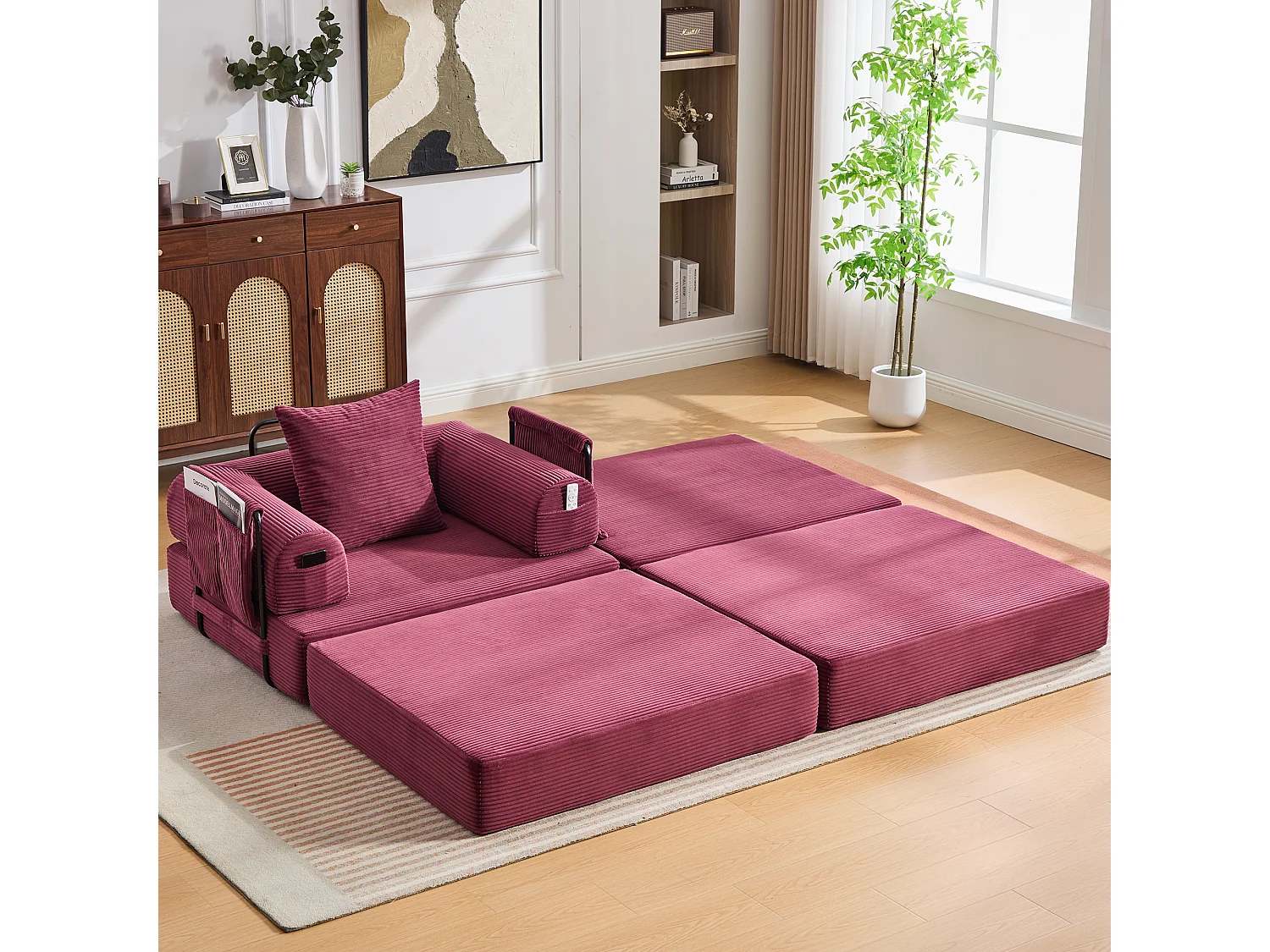 Verwandlungssessel aus Cord – 190 x 112 x 67 cm – mit Kissen und Tasche – stufenlos modular – rot