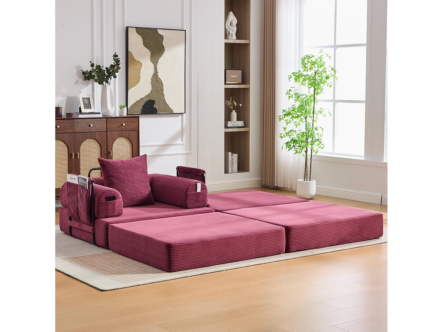 Verwandlungssessel aus Cord – 190 x 112 x 67 cm – mit Kissen und Tasche – stufenlos modular – rot