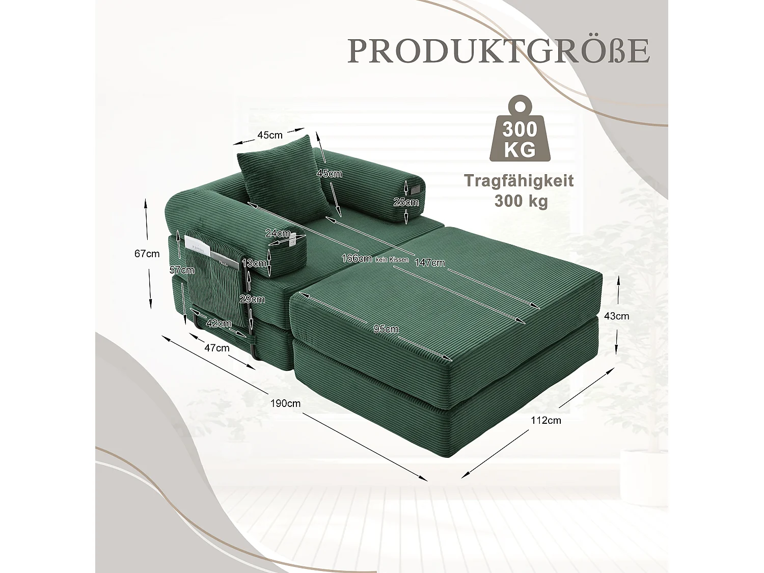 Verwandlungssessel aus Cord-Samt – 190 x 112 x 67 cm – mit Kissen + Tasche – stufenlos modular – grün