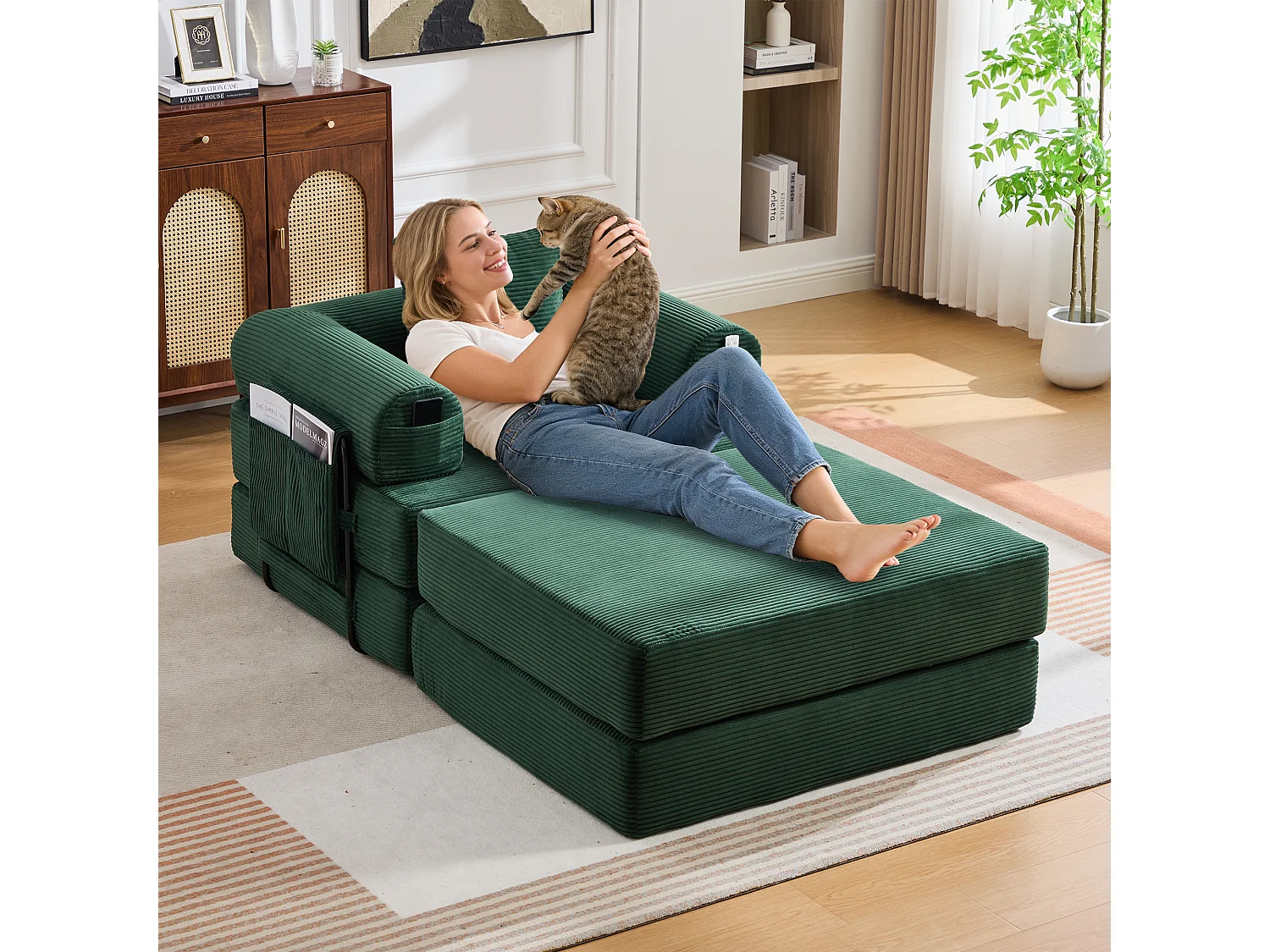 Verwandlungssessel aus Cord-Samt – 190 x 112 x 67 cm – mit Kissen + Tasche – stufenlos modular – grün