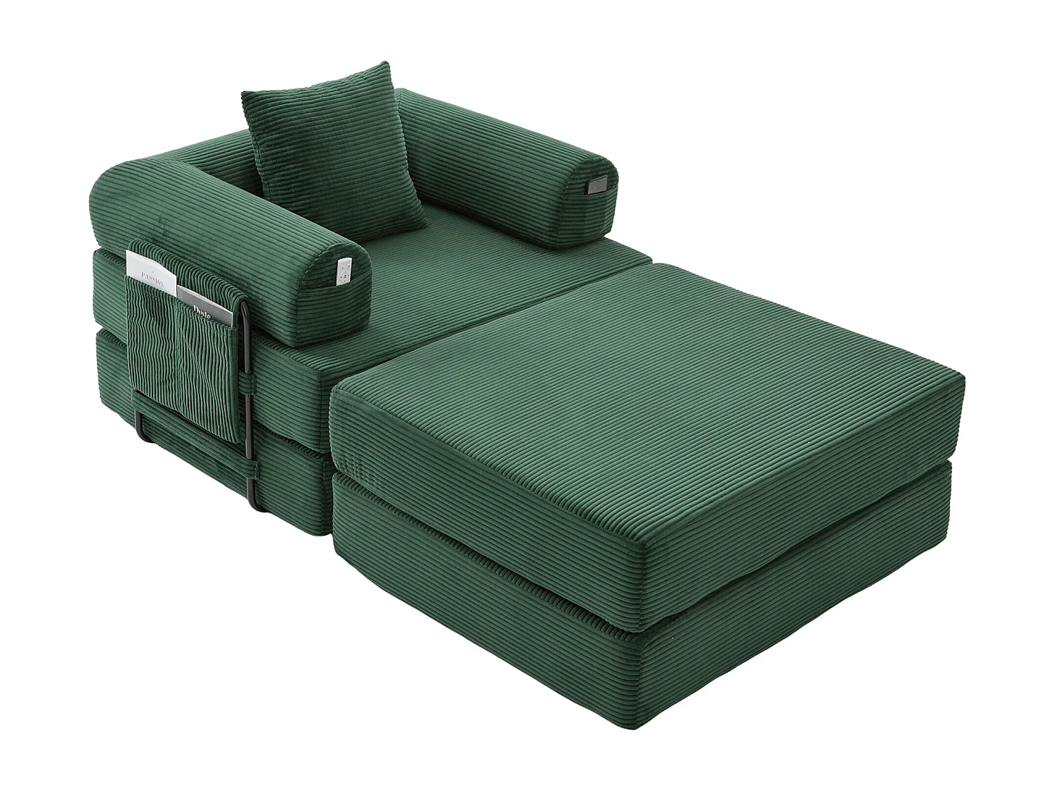 Verwandlungssessel aus Cord-Samt – 190 x 112 x 67 cm – mit Kissen + Tasche – stufenlos modular – grün