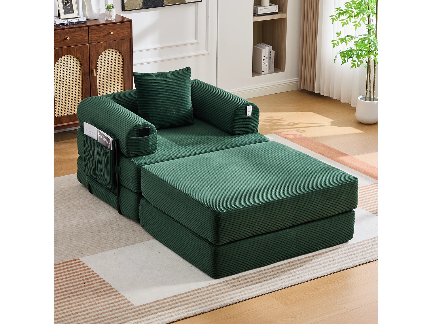 Verwandlungssessel aus Cord-Samt – 190 x 112 x 67 cm – mit Kissen + Tasche – stufenlos modular – grün