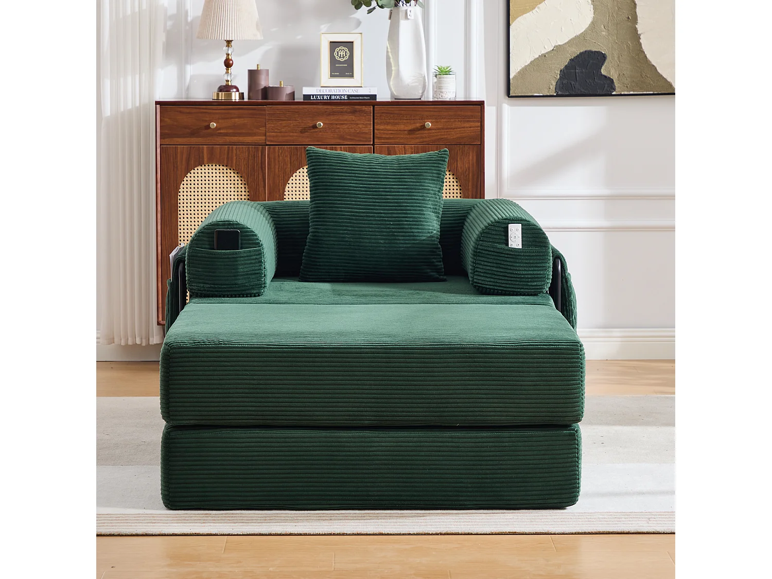 Verwandlungssessel aus Cord-Samt – 190 x 112 x 67 cm – mit Kissen + Tasche – stufenlos modular – grün