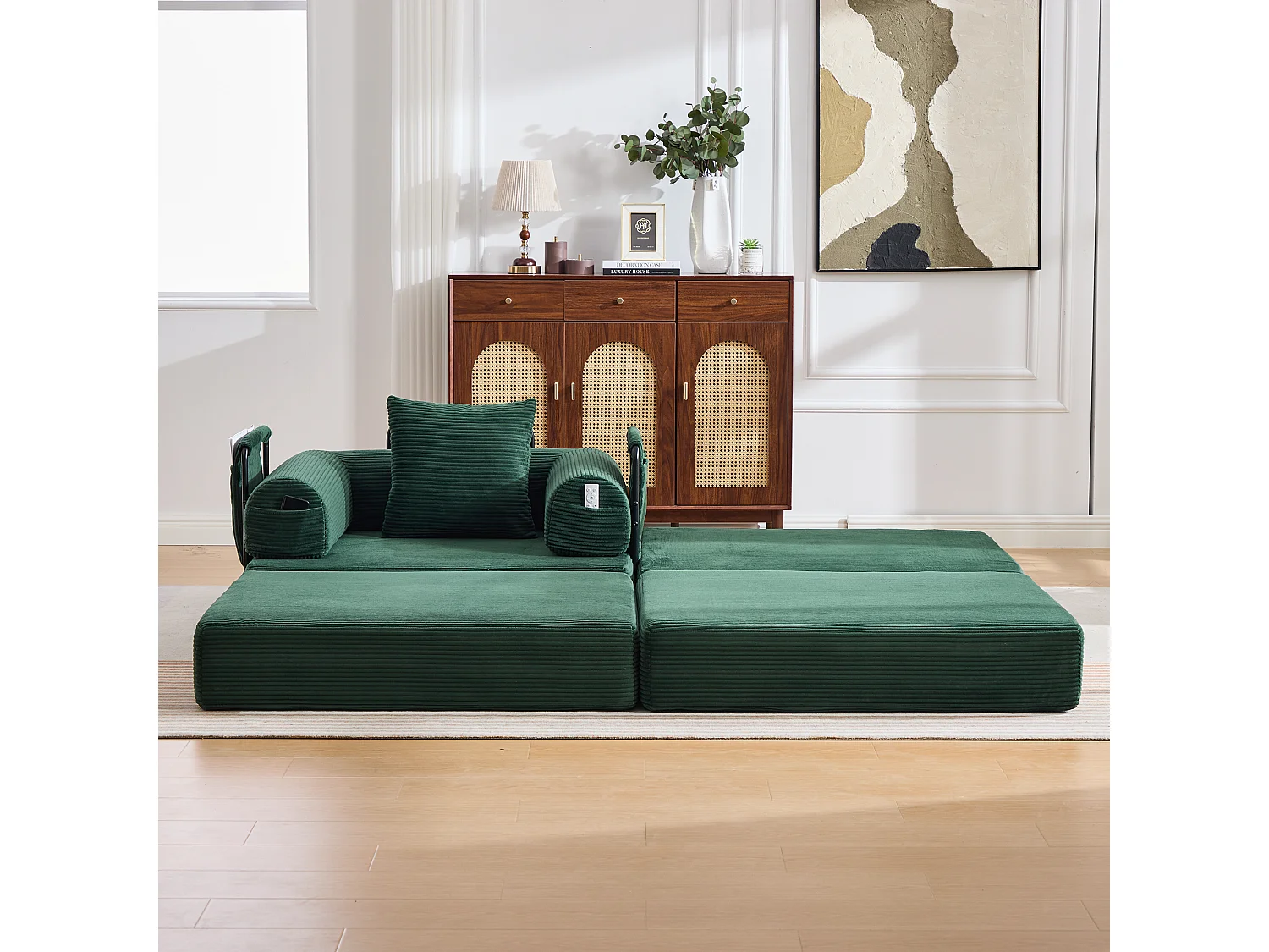 Verwandlungssessel aus Cord-Samt – 190 x 112 x 67 cm – mit Kissen + Tasche – stufenlos modular – grün