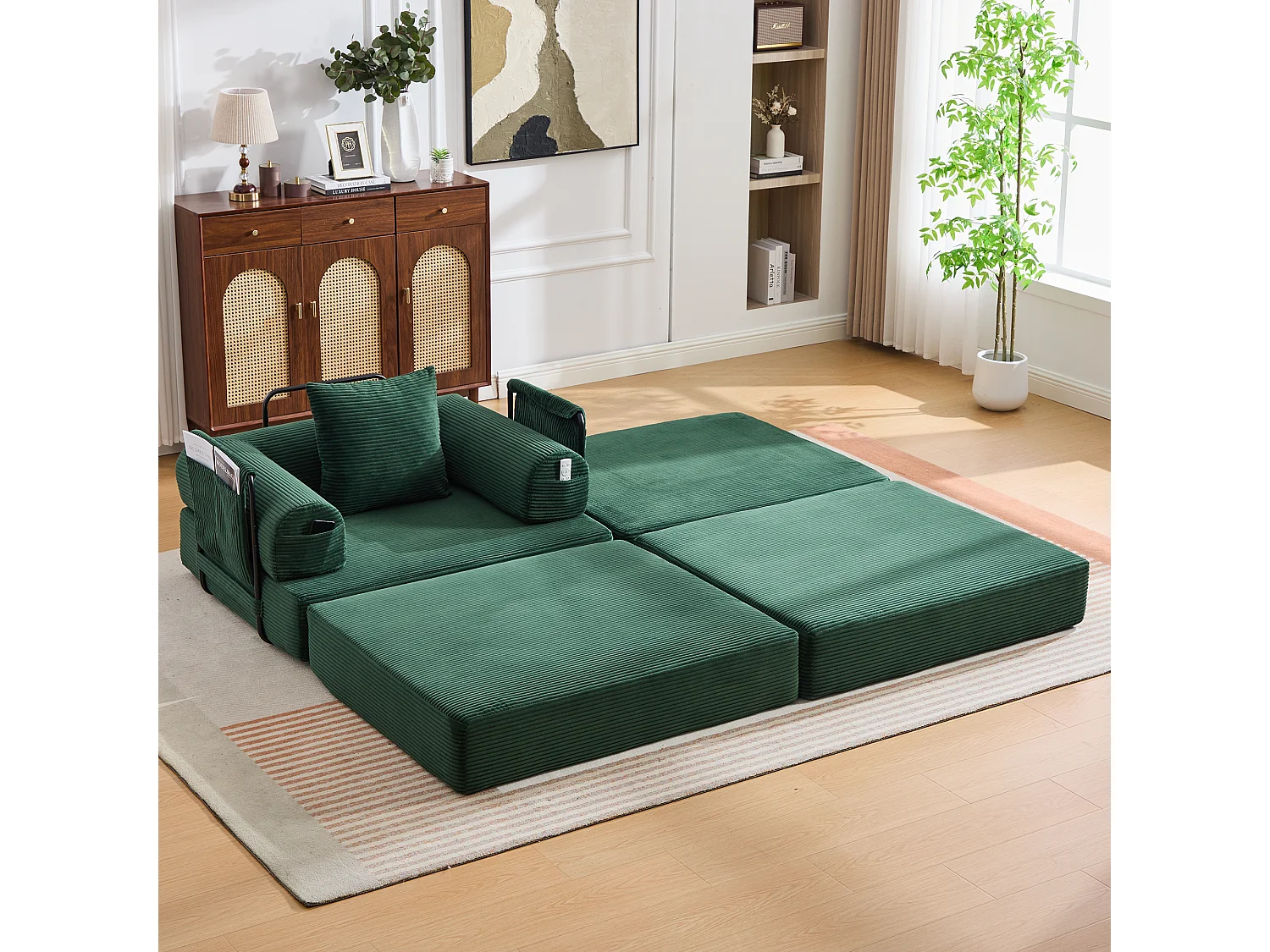 Verwandlungssessel aus Cord-Samt – 190 x 112 x 67 cm – mit Kissen + Tasche – stufenlos modular – grün