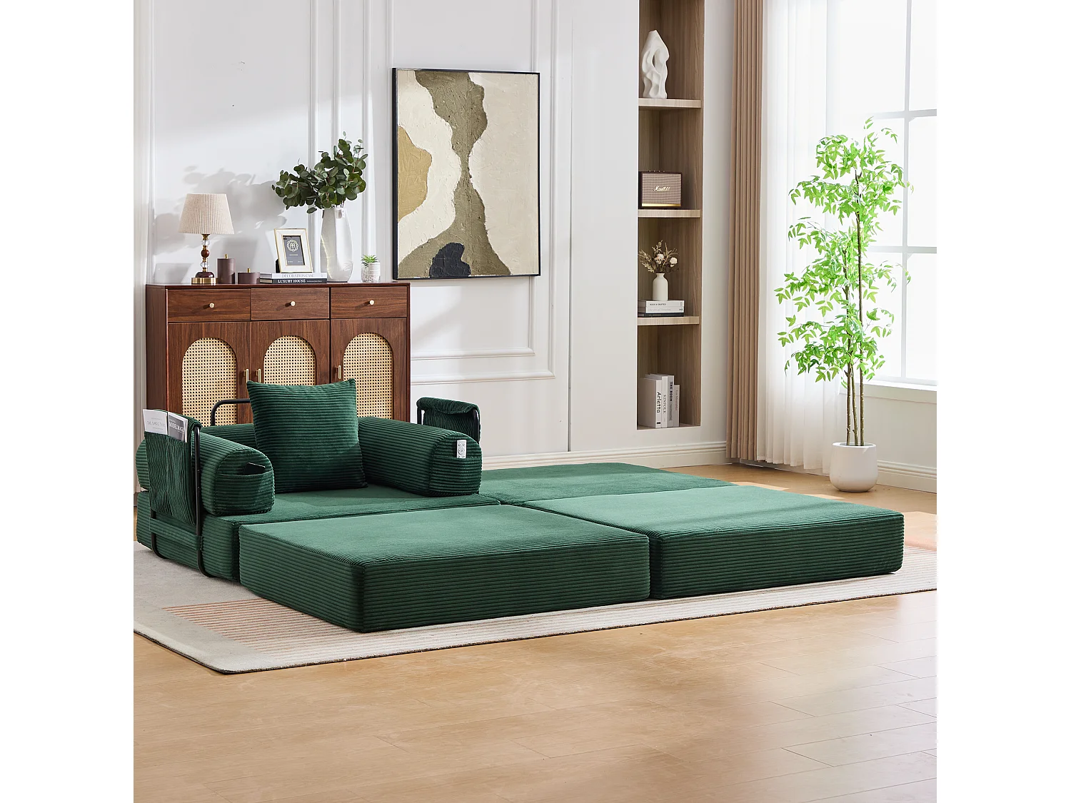 Verwandlungssessel aus Cord-Samt – 190 x 112 x 67 cm – mit Kissen + Tasche – stufenlos modular – grün