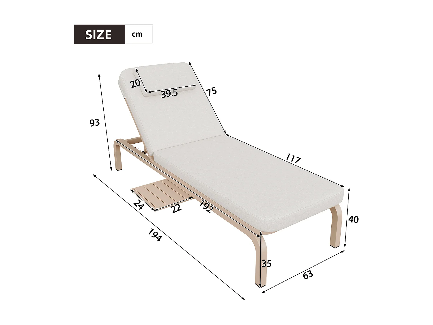 Leżak ogrodowy (1 szt.) - 194 x 63 x 93 cm - Łóżko dzienne ze stołem - Regulowane oparcie - Poliester - Beżowy