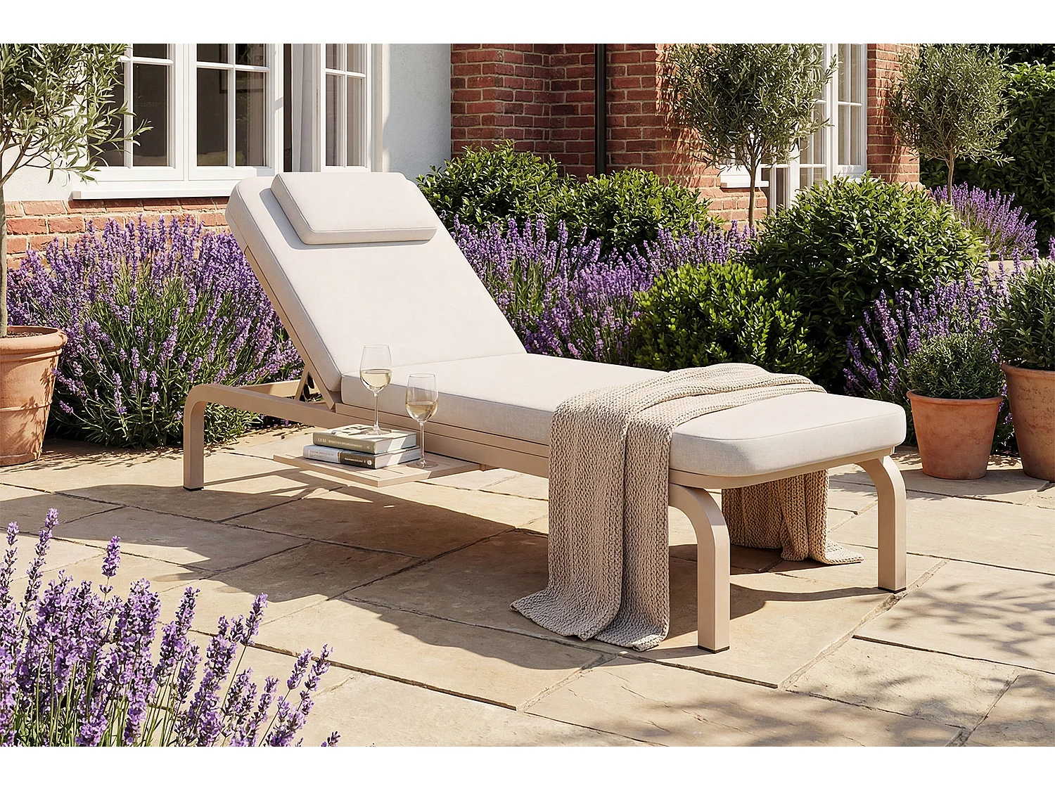 Leżak ogrodowy (1 szt.) - 194 x 63 x 93 cm - Łóżko dzienne ze stołem - Regulowane oparcie - Poliester - Beżowy