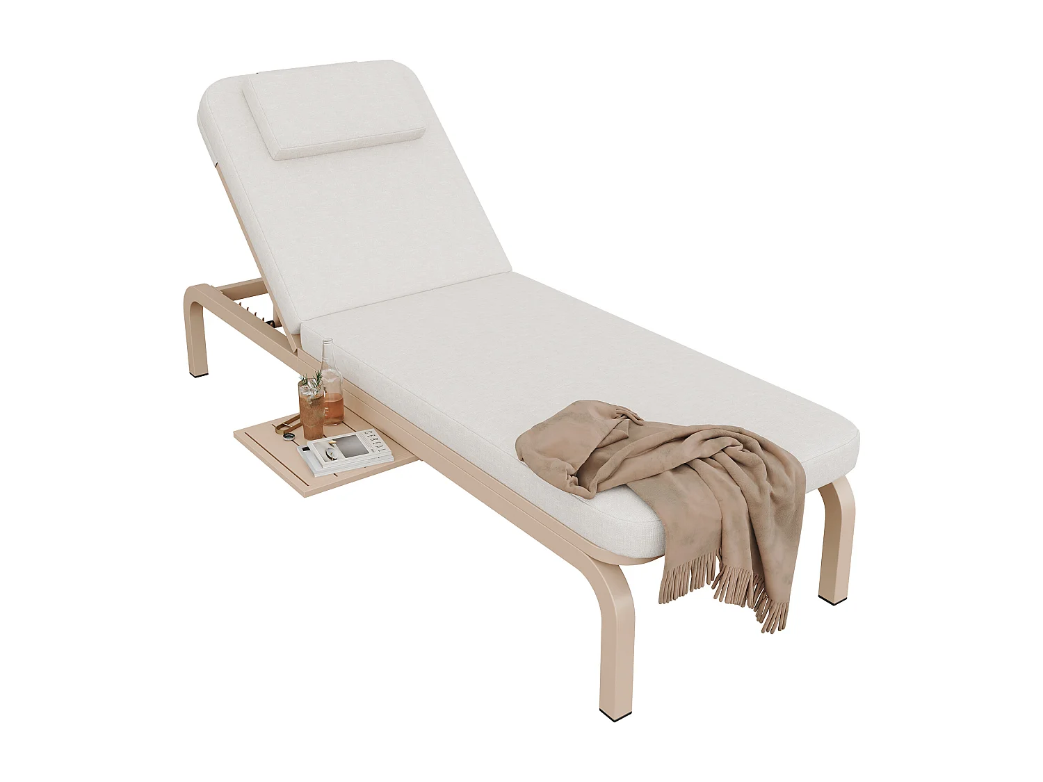 Leżak ogrodowy (1 szt.) - 194 x 63 x 93 cm - Łóżko dzienne ze stołem - Regulowane oparcie - Poliester - Beżowy