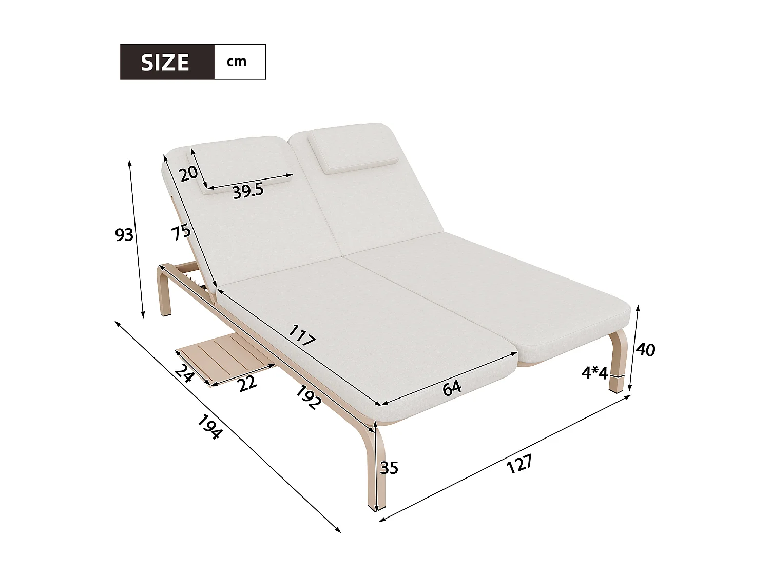 Podwójny leżak ogrodowy - 194 x 129 x 93 cm - Łóżko dzienne ze stolikiem - Regulowane oparcie - Poliester - Beżowy