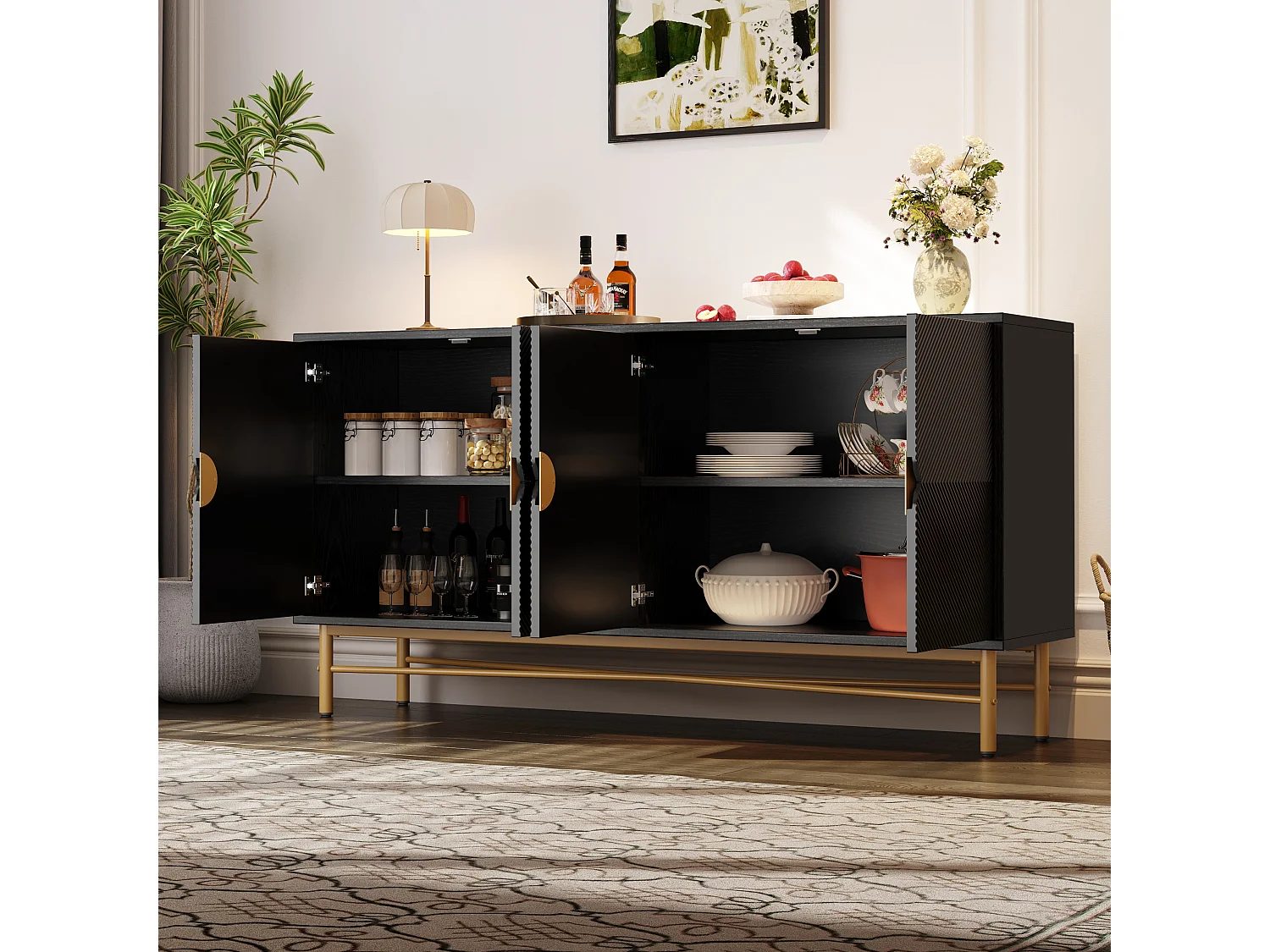 Credenza testurizzata - 160 x 40 x 82 cm - con 4 ante - gambe laccate lucide - truciolato - nero