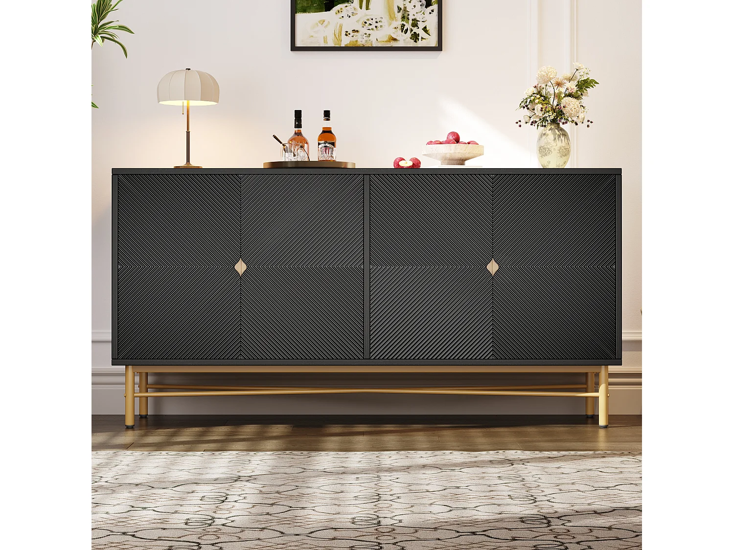 Credenza testurizzata - 160 x 40 x 82 cm - con 4 ante - gambe laccate lucide - truciolato - nero