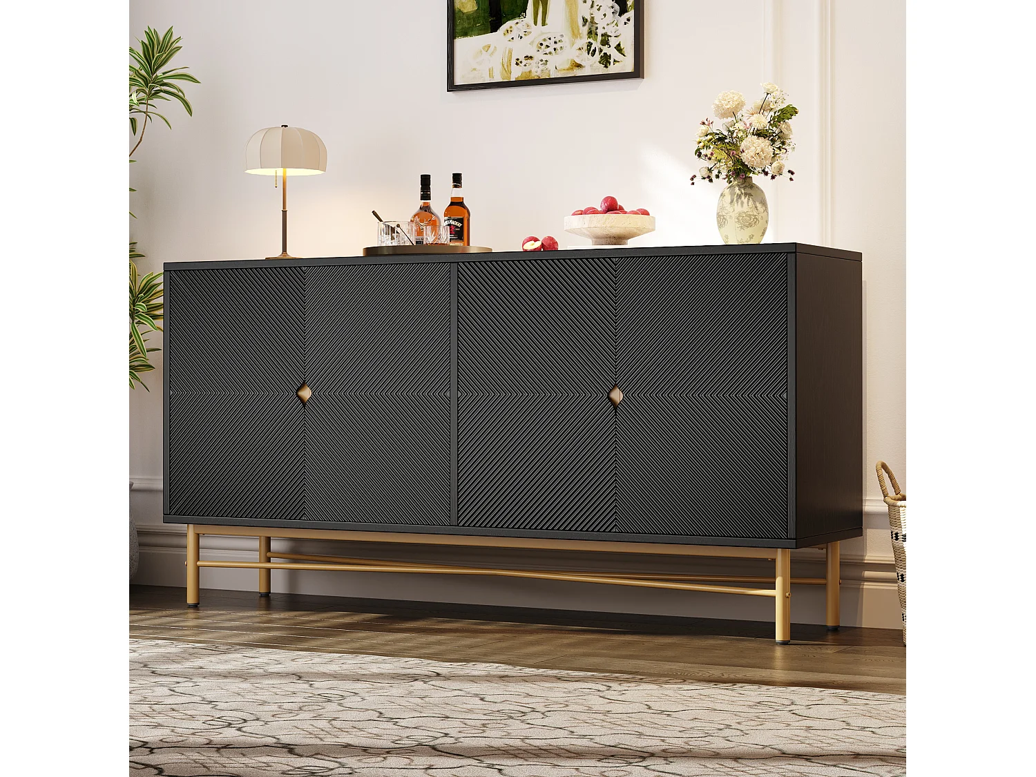 Credenza testurizzata - 160 x 40 x 82 cm - con 4 ante - gambe laccate lucide - truciolato - nero