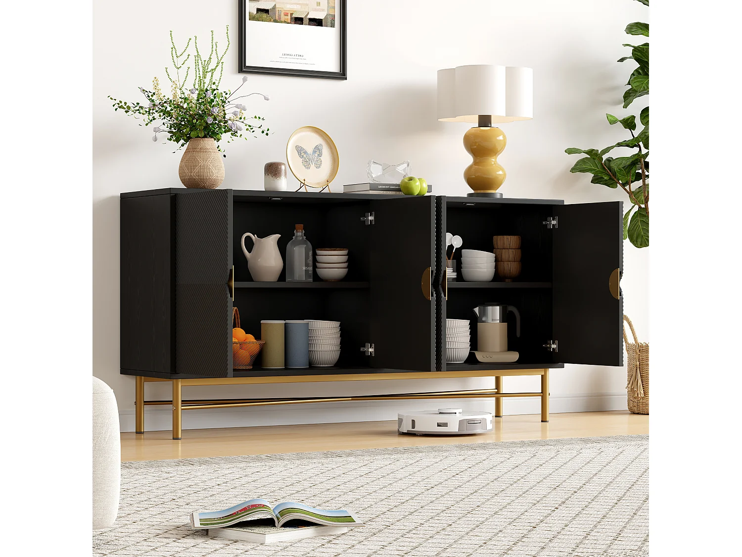 Credenza testurizzata - 160 x 40 x 82 cm - con 4 ante - gambe laccate lucide - truciolato - nero