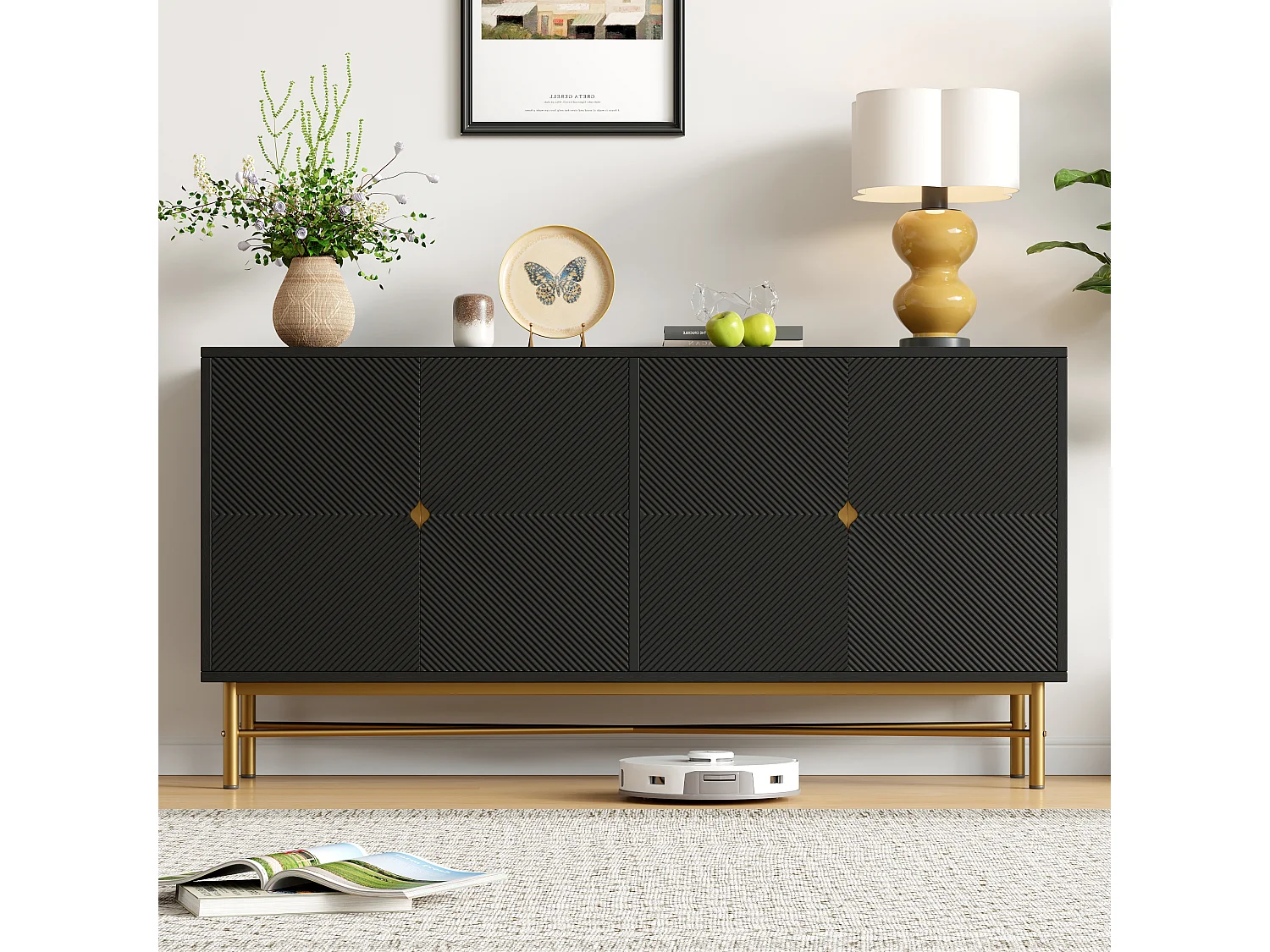 Credenza testurizzata - 160 x 40 x 82 cm - con 4 ante - gambe laccate lucide - truciolato - nero