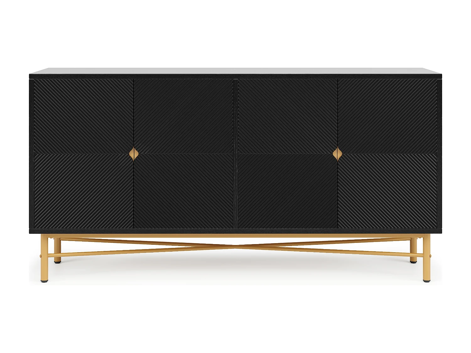Credenza testurizzata - 160 x 40 x 82 cm - con 4 ante - gambe laccate lucide - truciolato - nero