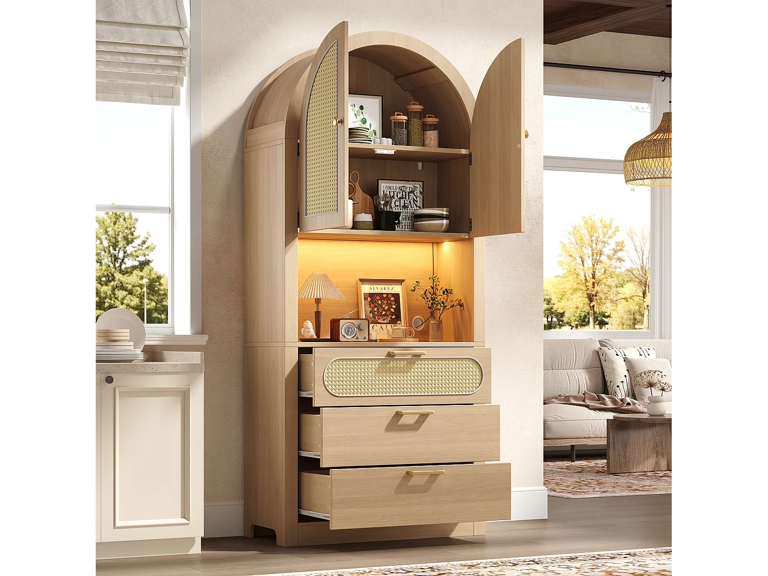 Modernes, geschwungenes Sideboard (80 x 35 x 180 cm) mit LED-Beleuchtung, Rattantüren, 2 Einlegeböden und 3 Schubladen aus Spanplatte in Naturholzoptik.