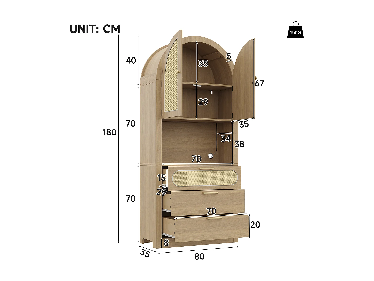Modernes, geschwungenes Sideboard (80 x 35 x 180 cm) mit LED-Beleuchtung, Rattantüren, 2 Einlegeböden und 3 Schubladen aus Spanplatte in Naturholzoptik.