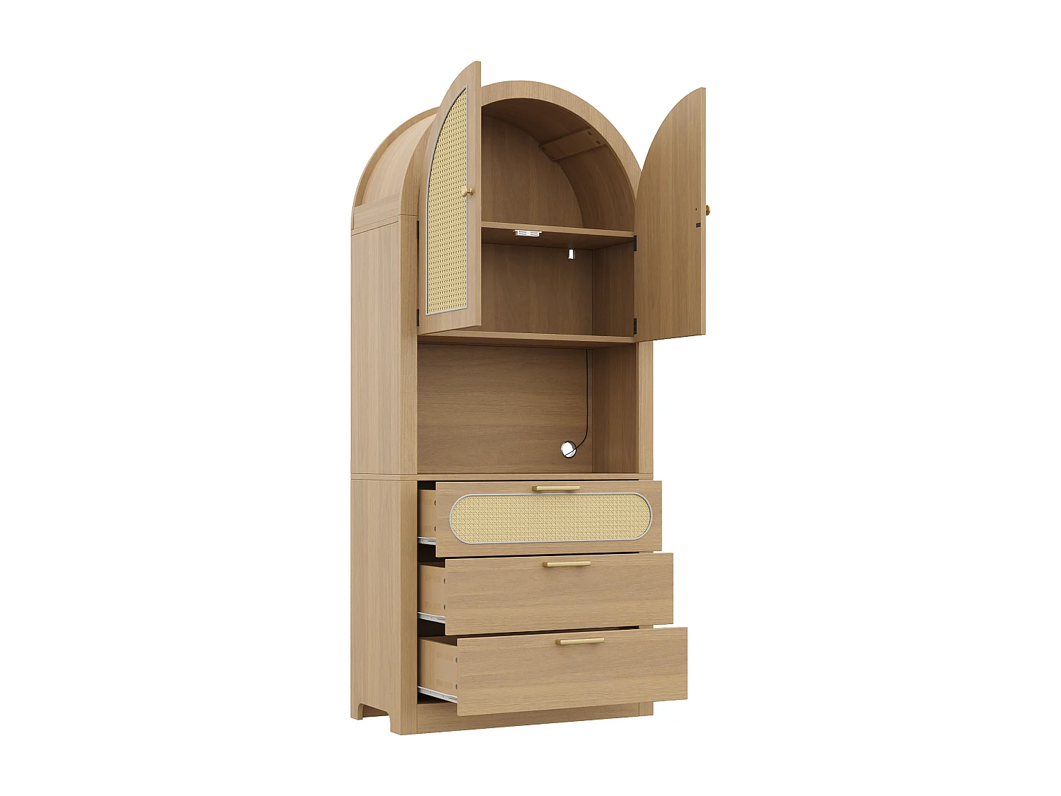 Modernes, geschwungenes Sideboard (80 x 35 x 180 cm) mit LED-Beleuchtung, Rattantüren, 2 Einlegeböden und 3 Schubladen aus Spanplatte in Naturholzoptik.