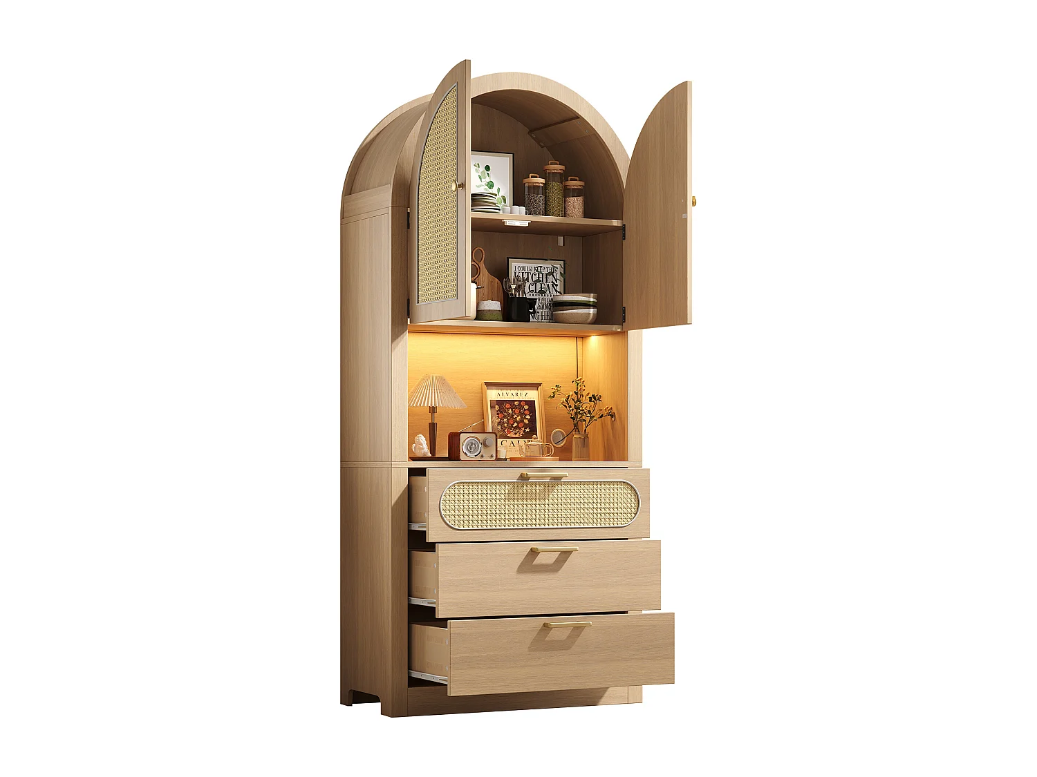 Modernes, geschwungenes Sideboard (80 x 35 x 180 cm) mit LED-Beleuchtung, Rattantüren, 2 Einlegeböden und 3 Schubladen aus Spanplatte in Naturholzoptik.