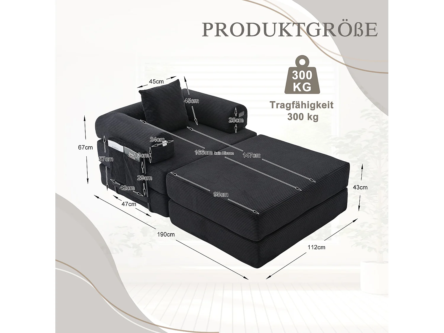 Verwandlungssessel aus Cord-Samt – 190 x 112 x 67 cm – mit Kissen und Tasche – stufenlos modular – schwarz