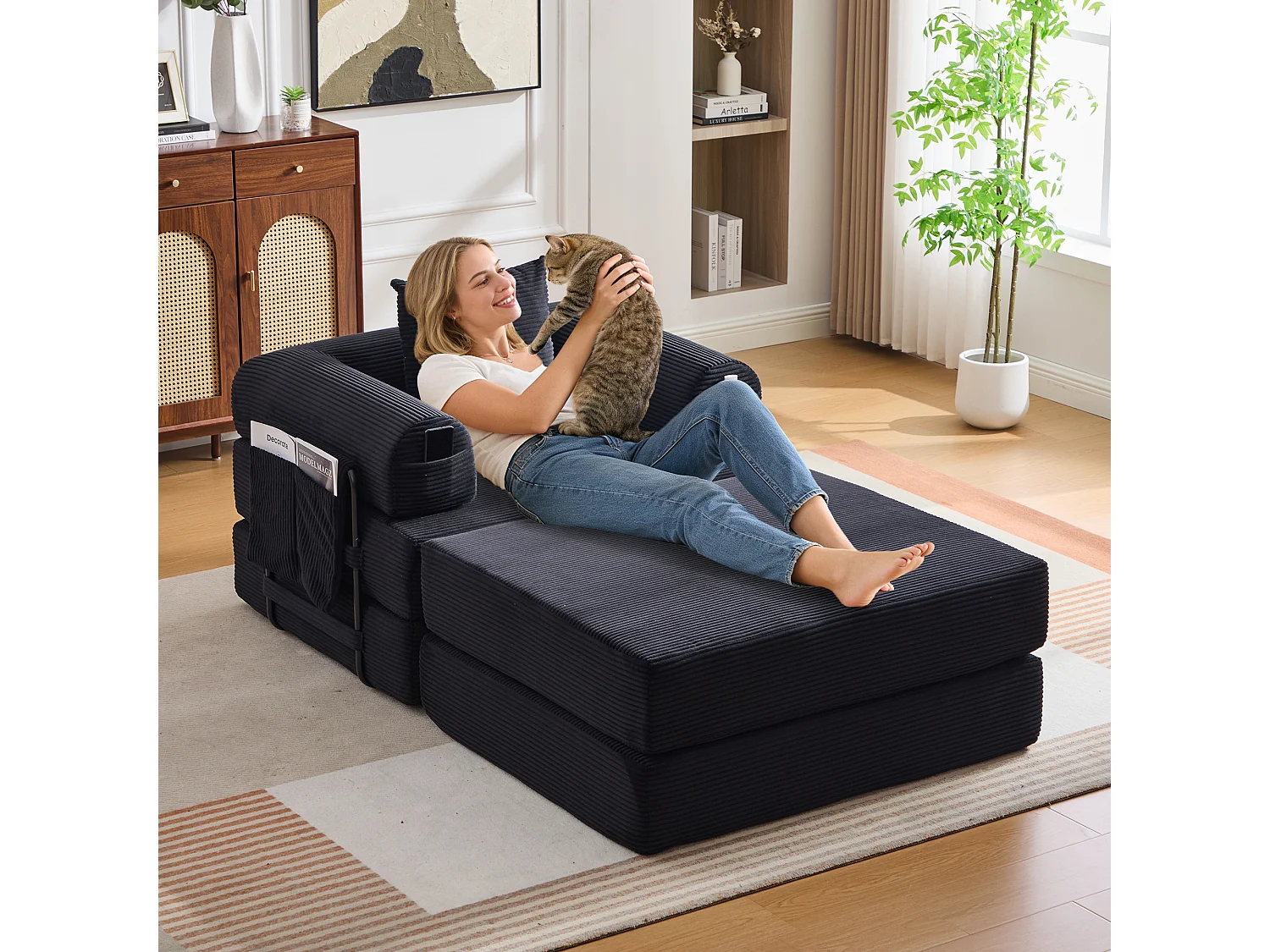 Verwandlungssessel aus Cord-Samt – 190 x 112 x 67 cm – mit Kissen und Tasche – stufenlos modular – schwarz