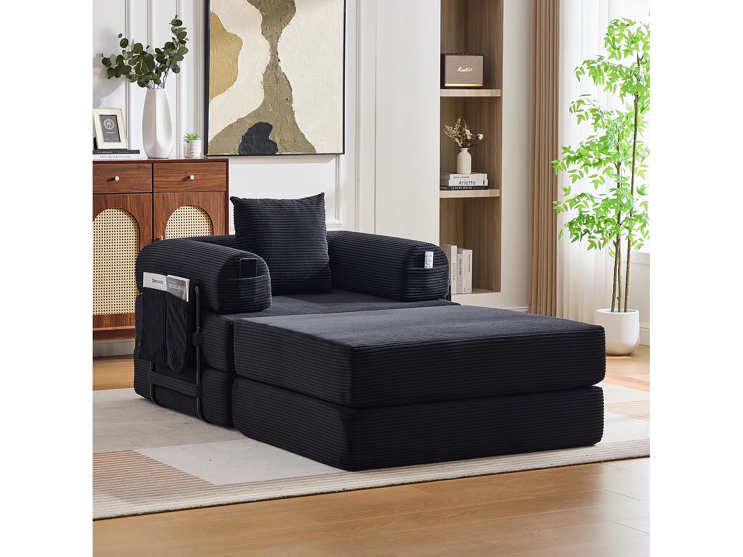 Verwandlungssessel aus Cord-Samt – 190 x 112 x 67 cm – mit Kissen und Tasche – stufenlos modular – schwarz