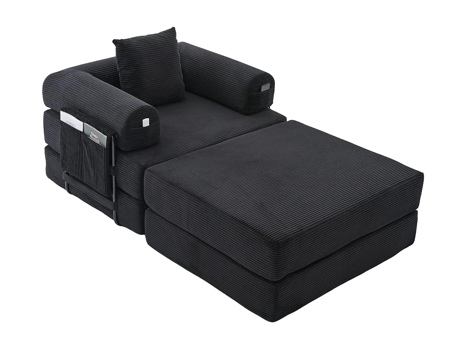 Verwandlungssessel aus Cord-Samt – 190 x 112 x 67 cm – mit Kissen und Tasche – stufenlos modular – schwarz