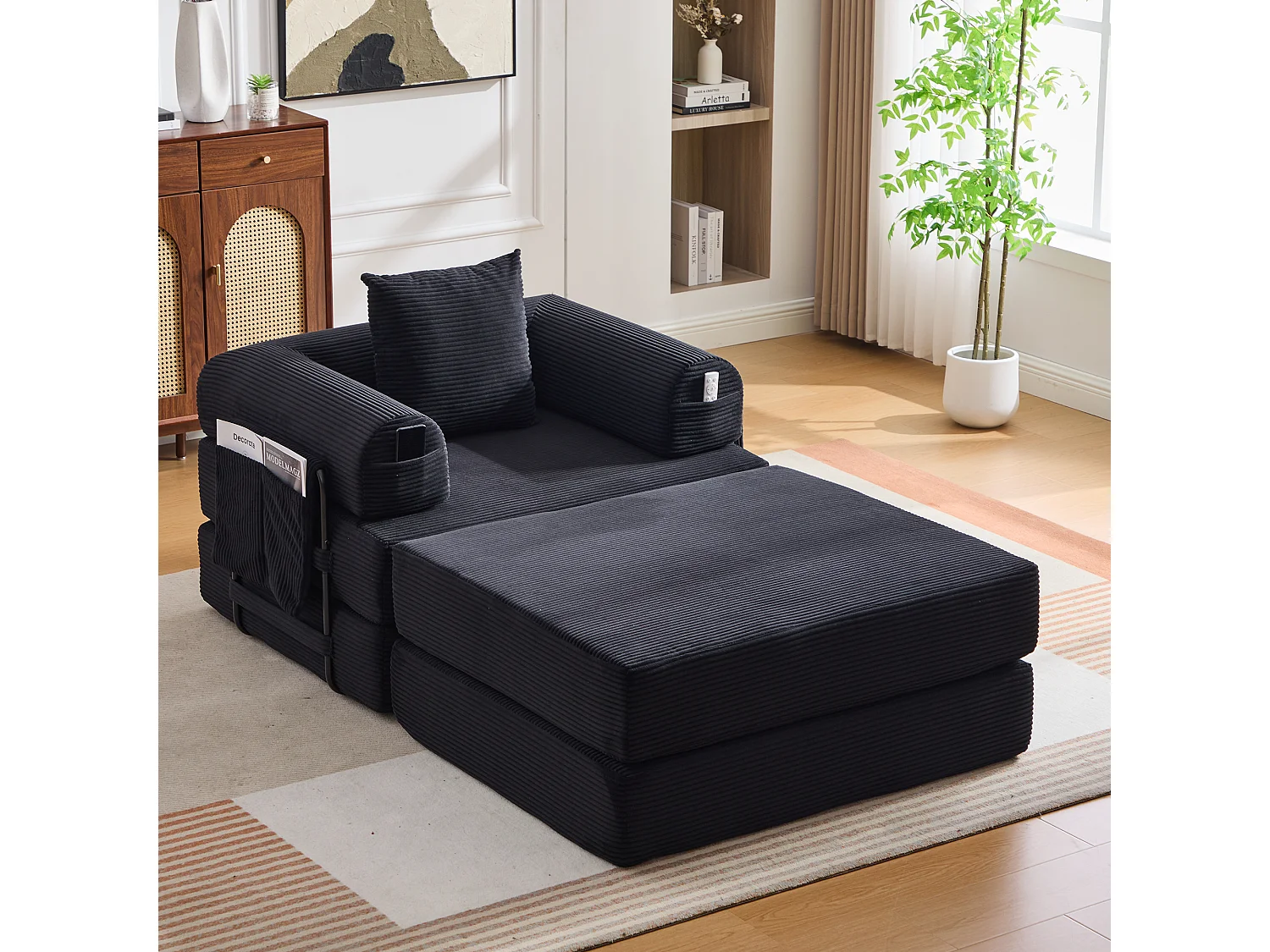 Verwandlungssessel aus Cord-Samt – 190 x 112 x 67 cm – mit Kissen und Tasche – stufenlos modular – schwarz