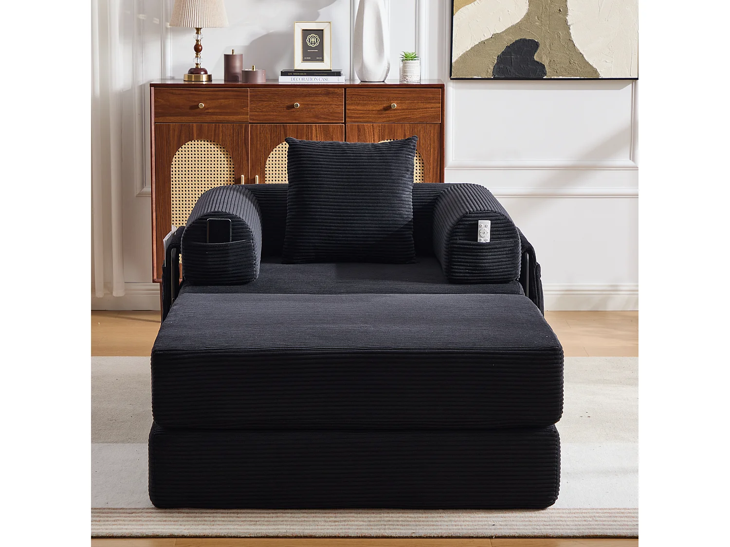 Verwandlungssessel aus Cord-Samt – 190 x 112 x 67 cm – mit Kissen und Tasche – stufenlos modular – schwarz