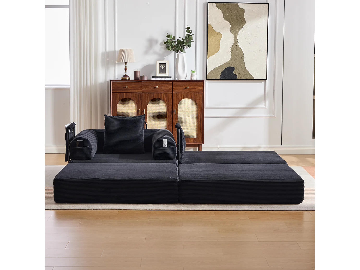 Verwandlungssessel aus Cord-Samt – 190 x 112 x 67 cm – mit Kissen und Tasche – stufenlos modular – schwarz