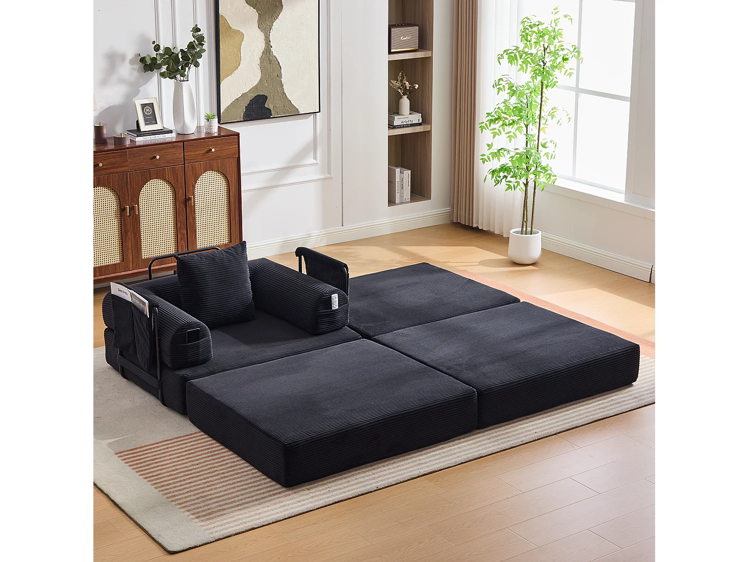 Verwandlungssessel aus Cord-Samt – 190 x 112 x 67 cm – mit Kissen und Tasche – stufenlos modular – schwarz