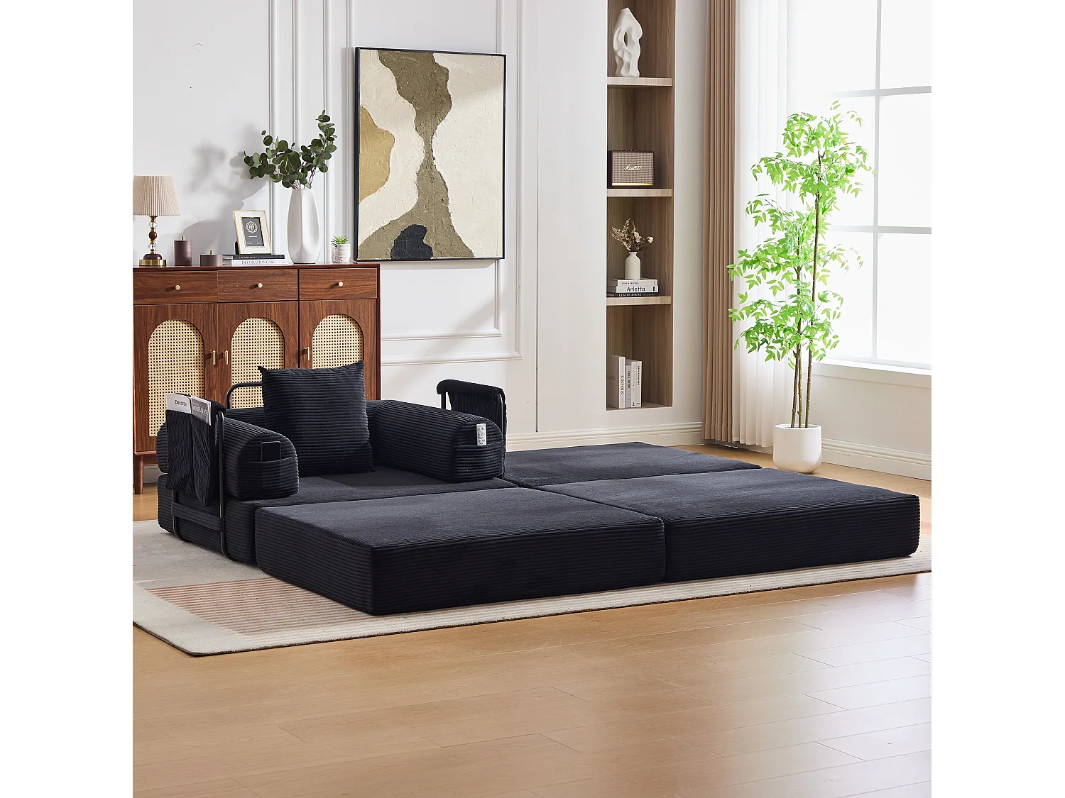 Verwandlungssessel aus Cord-Samt – 190 x 112 x 67 cm – mit Kissen und Tasche – stufenlos modular – schwarz