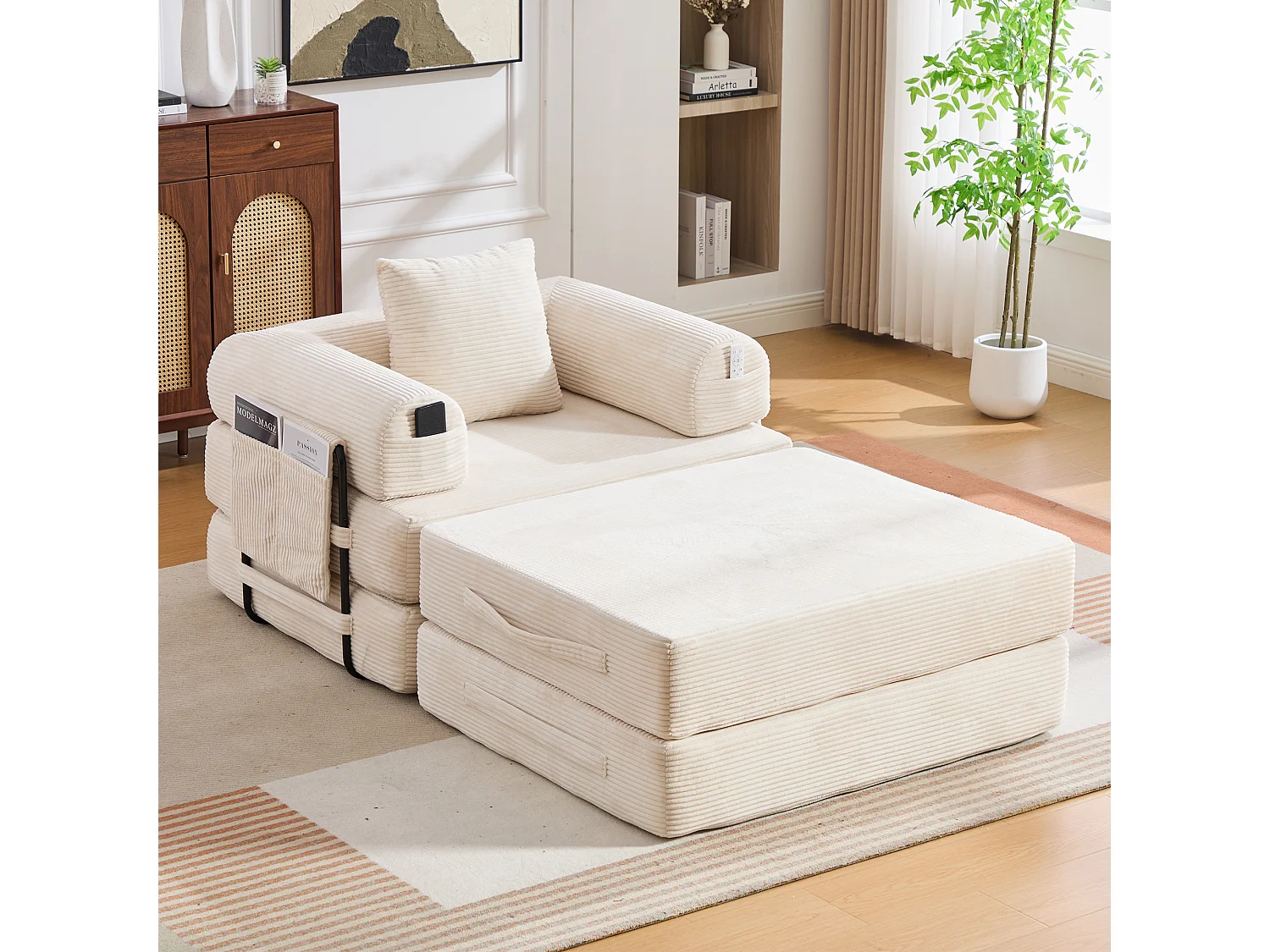 Sillón convertible de pana - 190 x 112 x 67 cm - con cojines + bolsillo - infinitamente modular - beige