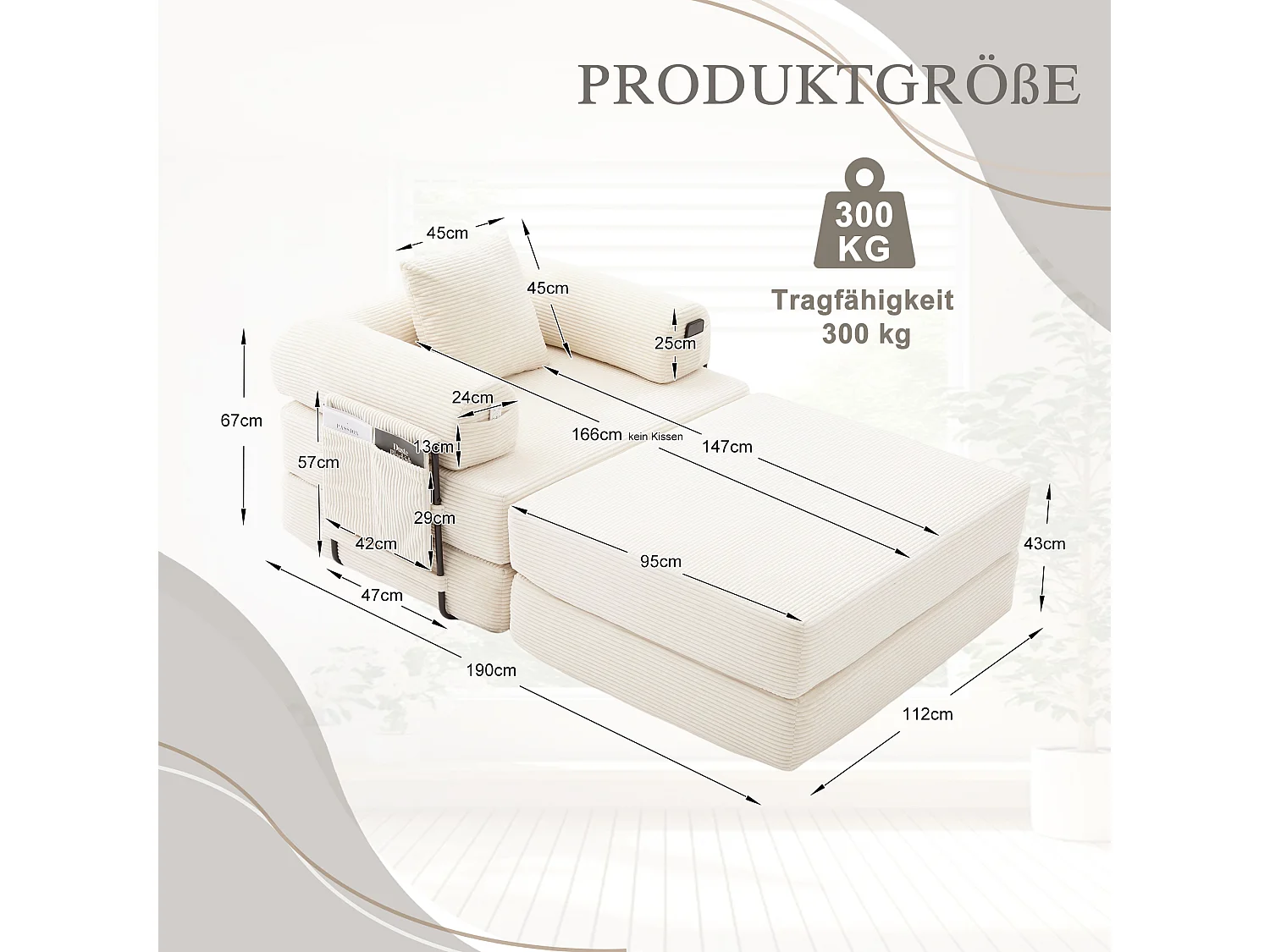 Sillón convertible de pana - 190 x 112 x 67 cm - con cojines + bolsillo - infinitamente modular - beige