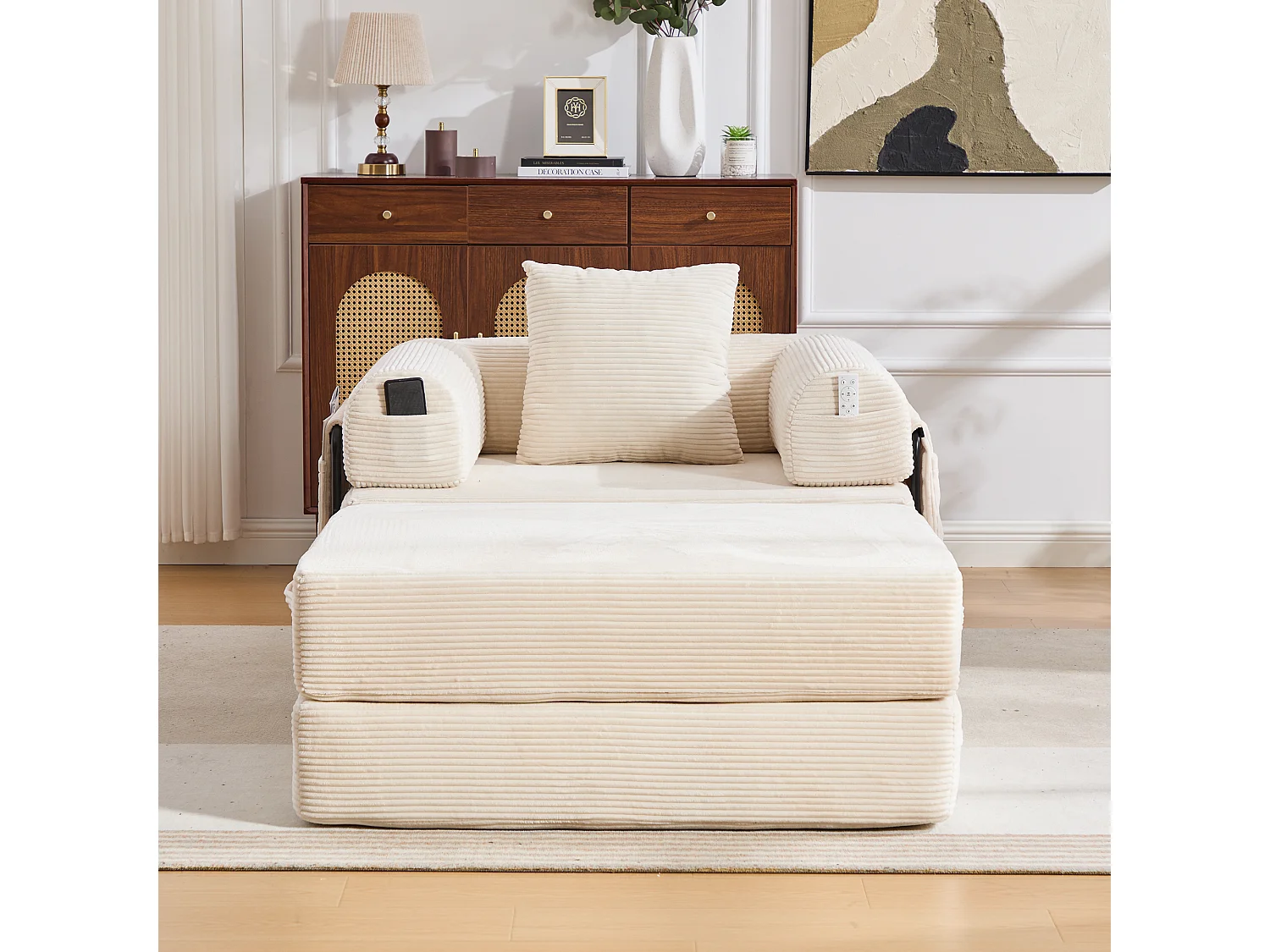 Sillón convertible de pana - 190 x 112 x 67 cm - con cojines + bolsillo - infinitamente modular - beige