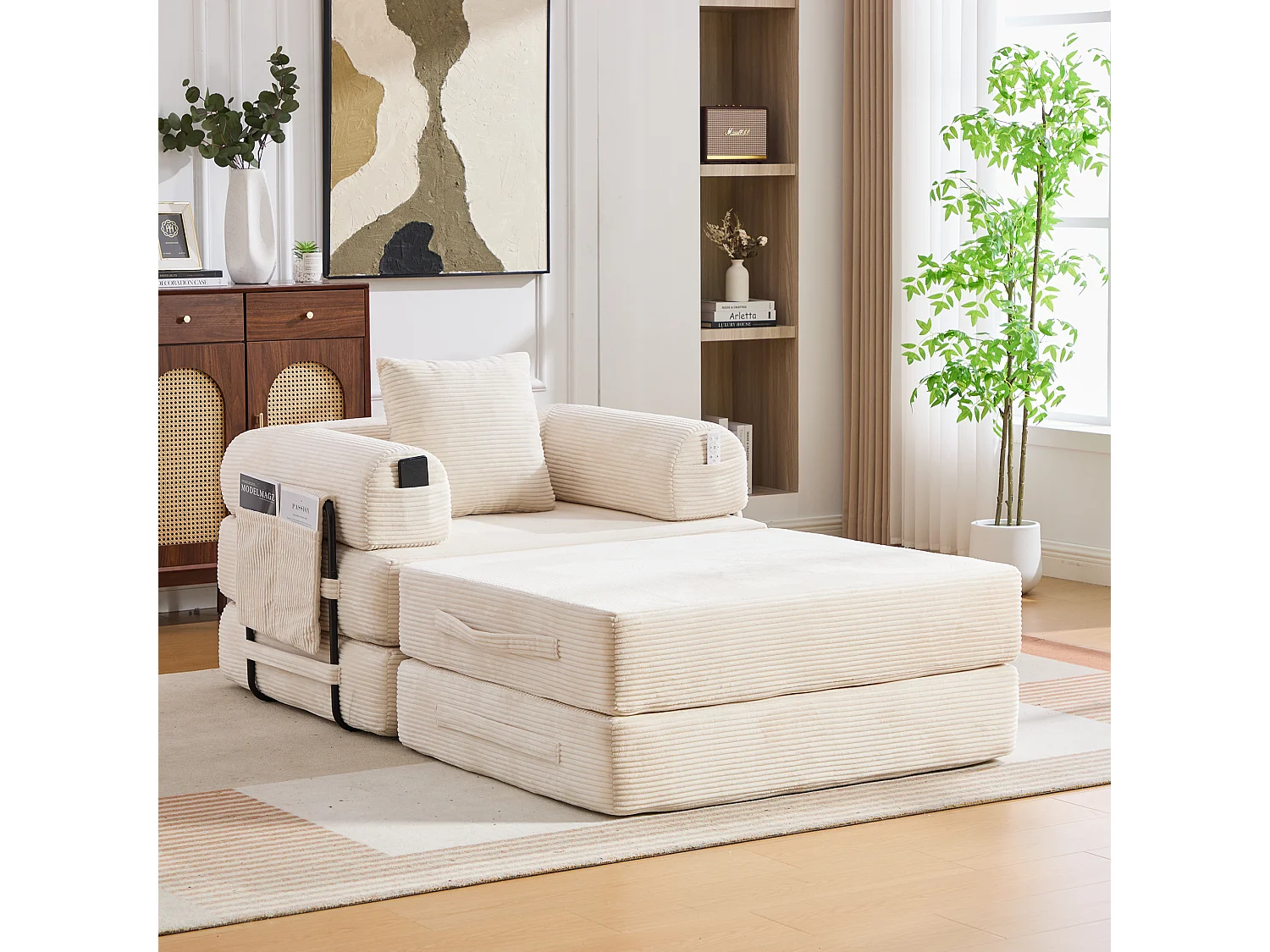 Sillón convertible de pana - 190 x 112 x 67 cm - con cojines + bolsillo - infinitamente modular - beige