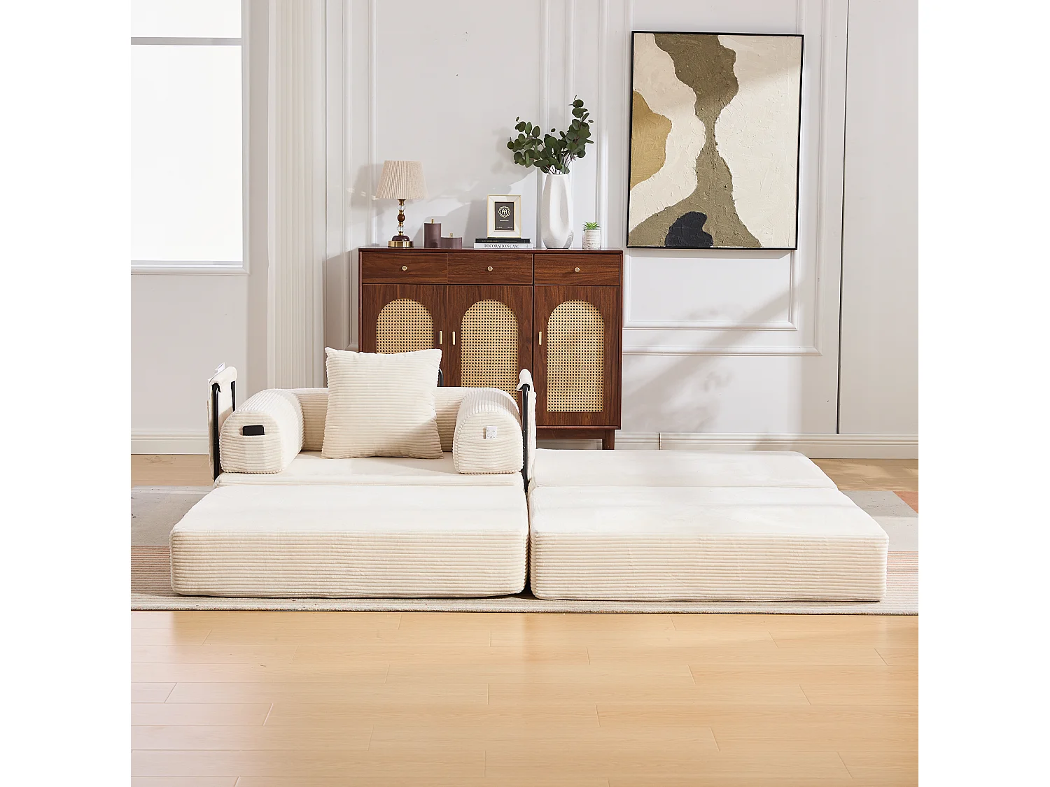 Sillón convertible de pana - 190 x 112 x 67 cm - con cojines + bolsillo - infinitamente modular - beige