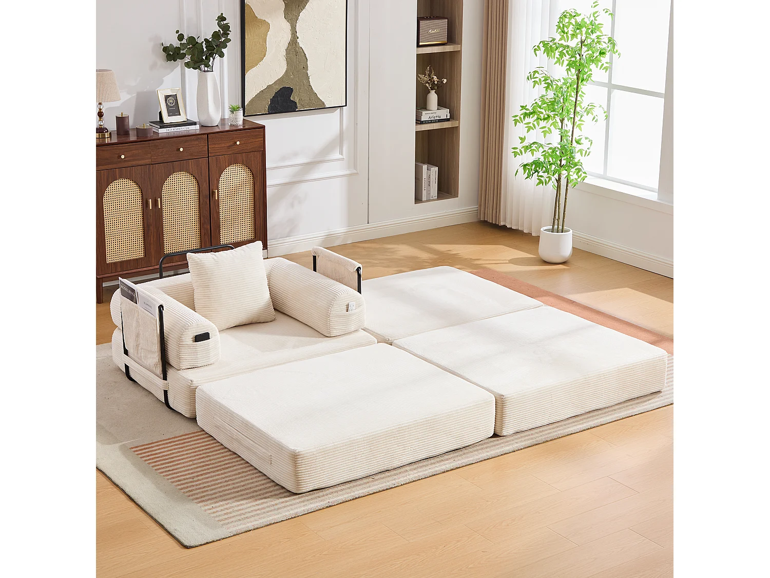 Sillón convertible de pana - 190 x 112 x 67 cm - con cojines + bolsillo - infinitamente modular - beige