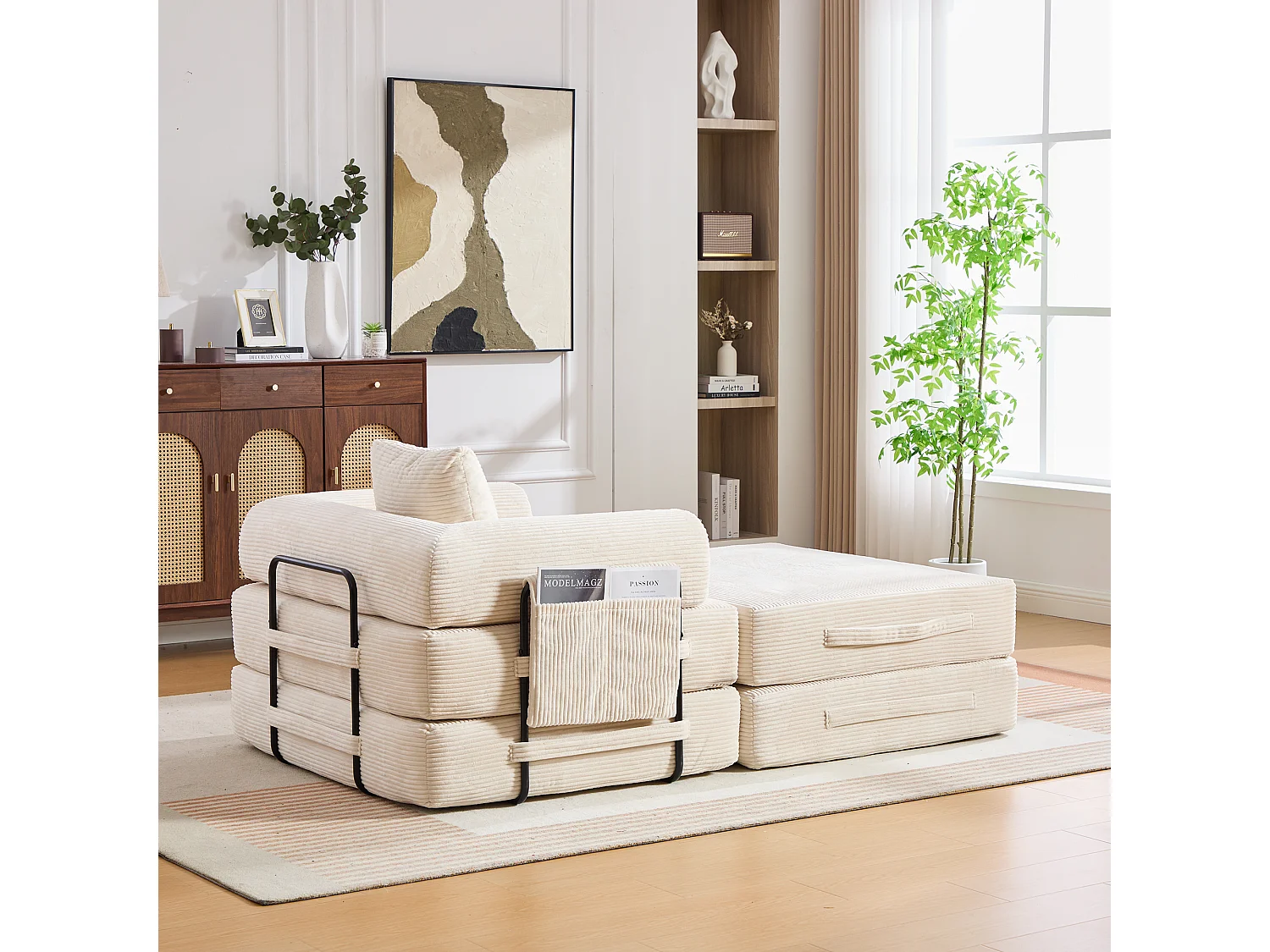 Sillón convertible de pana - 190 x 112 x 67 cm - con cojines + bolsillo - infinitamente modular - beige