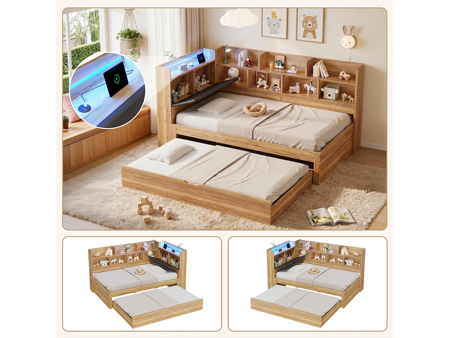 Lit banquette pour enfant - 90 x 200 cm - avec Leds + étagère de rangement + lit gigogne (90 x 190 cm) - MDF - naturel