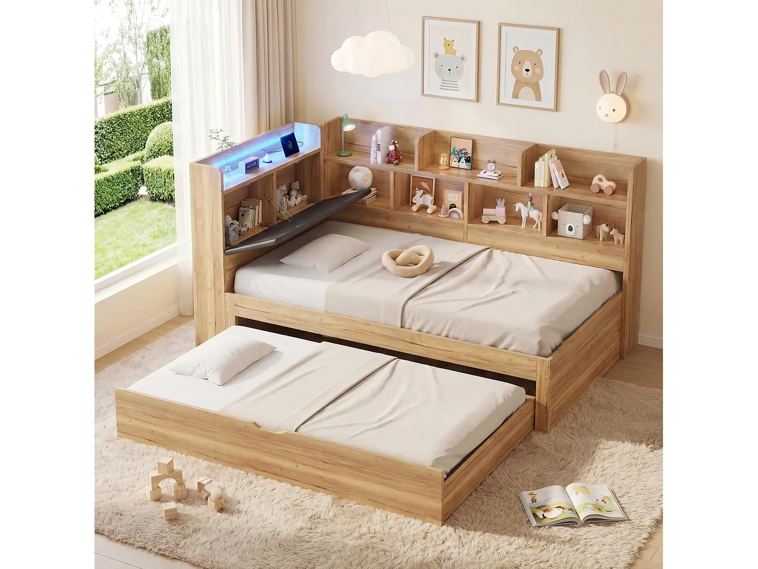 Lit banquette pour enfant - 90 x 200 cm - avec Leds + étagère de rangement + lit gigogne (90 x 190 cm) - MDF - naturel