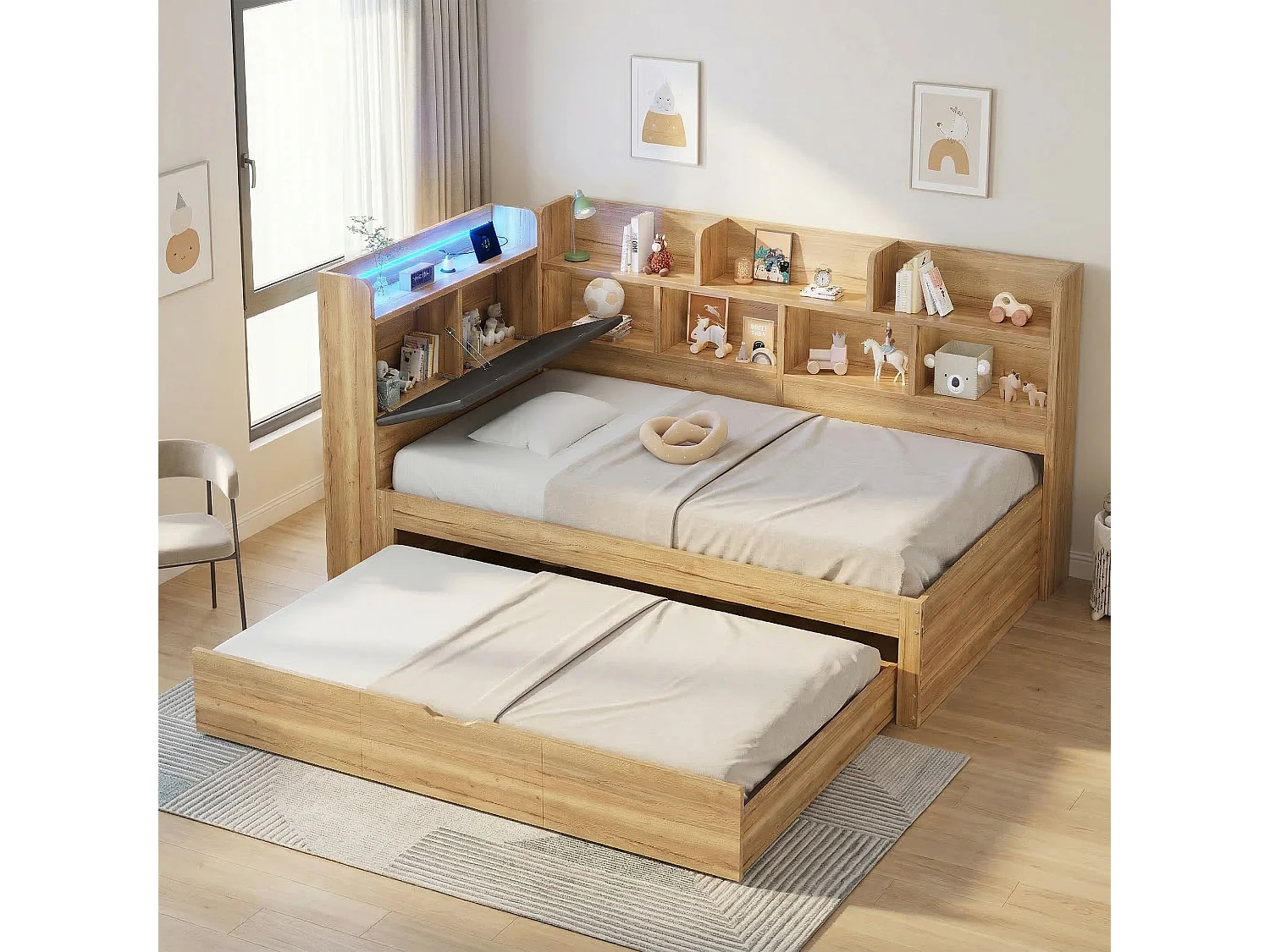Lit banquette pour enfant - 90 x 200 cm - avec Leds + étagère de rangement + lit gigogne (90 x 190 cm) - MDF - naturel