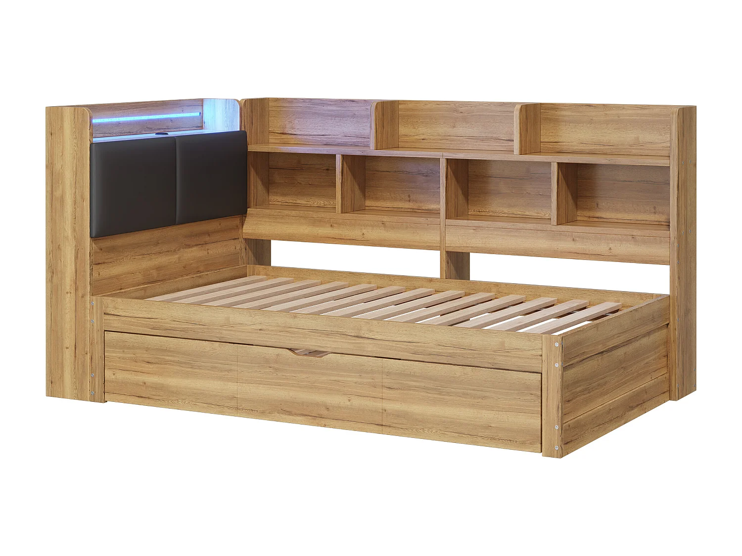 Lit banquette pour enfant - 90 x 200 cm - avec Leds + étagère de rangement + lit gigogne (90 x 190 cm) - MDF - naturel