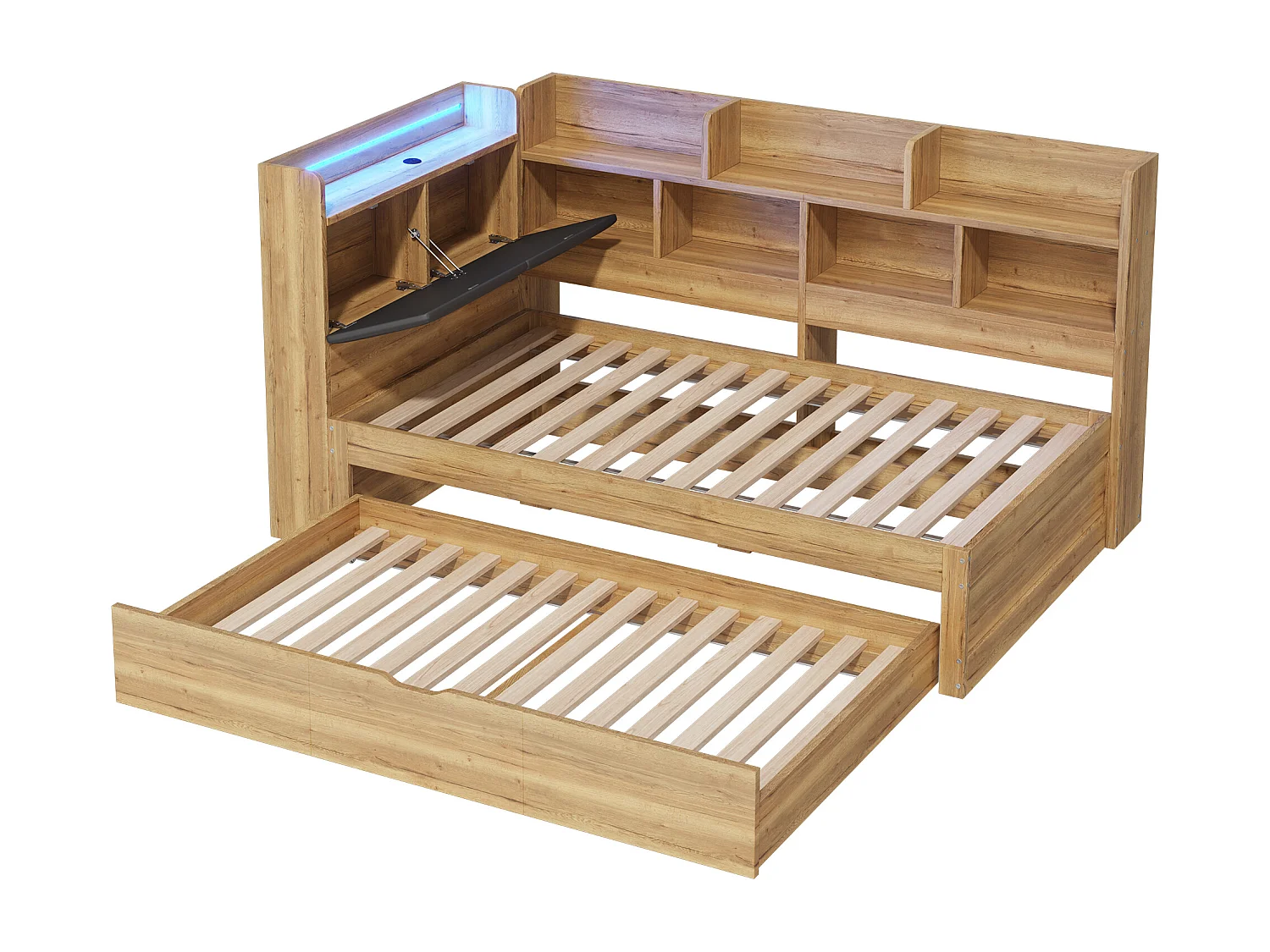 Lit banquette pour enfant - 90 x 200 cm - avec Leds + étagère de rangement + lit gigogne (90 x 190 cm) - MDF - naturel