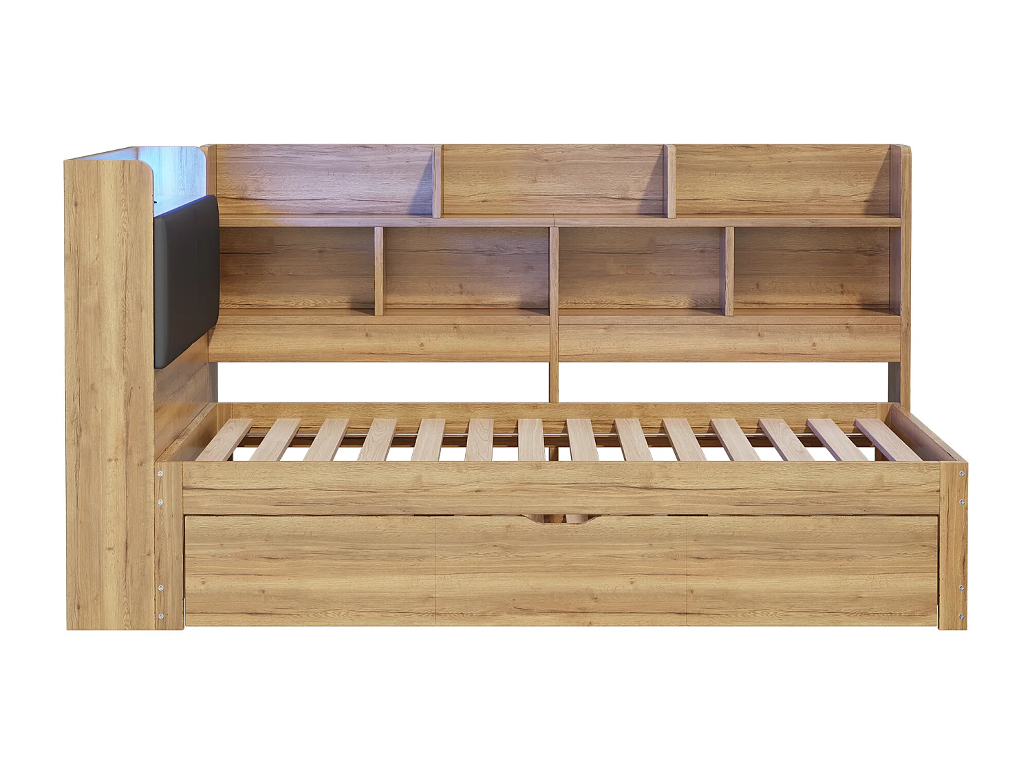 Lit banquette pour enfant - 90 x 200 cm - avec Leds + étagère de rangement + lit gigogne (90 x 190 cm) - MDF - naturel