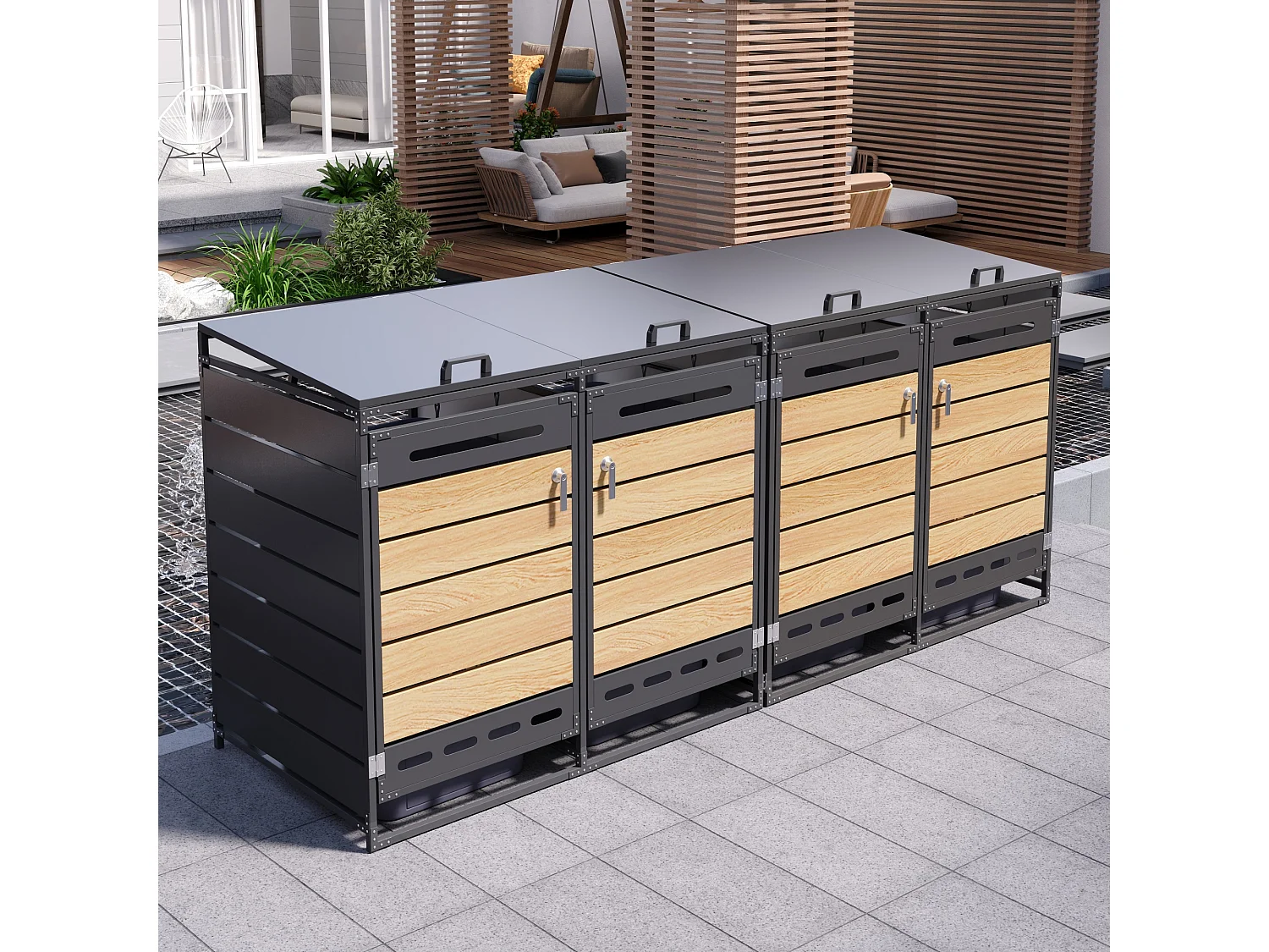 Refugio para 4 contenedores de jardín - 2 x 131 x 79 x 116 cm - con tapa hidráulica + cerradura + 4 puertas - metal - negro