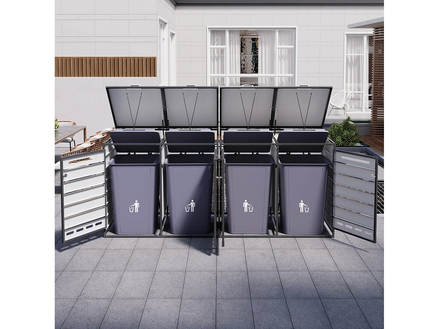 Refugio para 4 contenedores de jardín - 2 x 131 x 79 x 116 cm - con tapa hidráulica + cerradura + 4 puertas - metal - negro