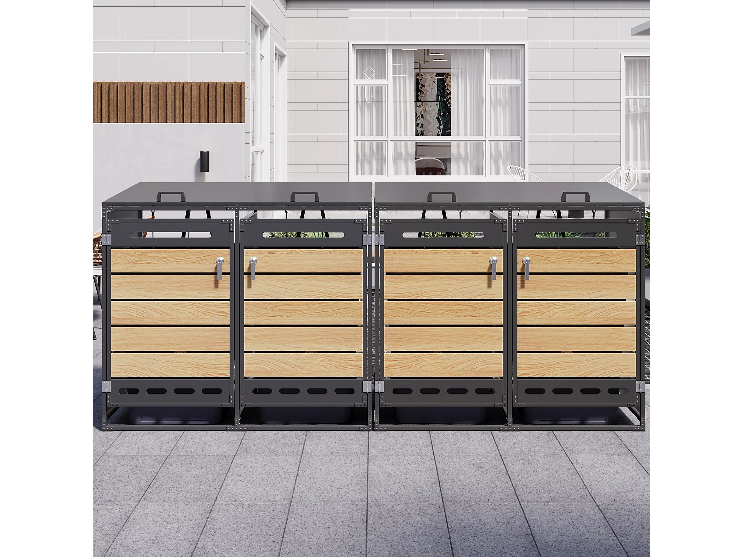 Refugio para 4 contenedores de jardín - 2 x 131 x 79 x 116 cm - con tapa hidráulica + cerradura + 4 puertas - metal - negro